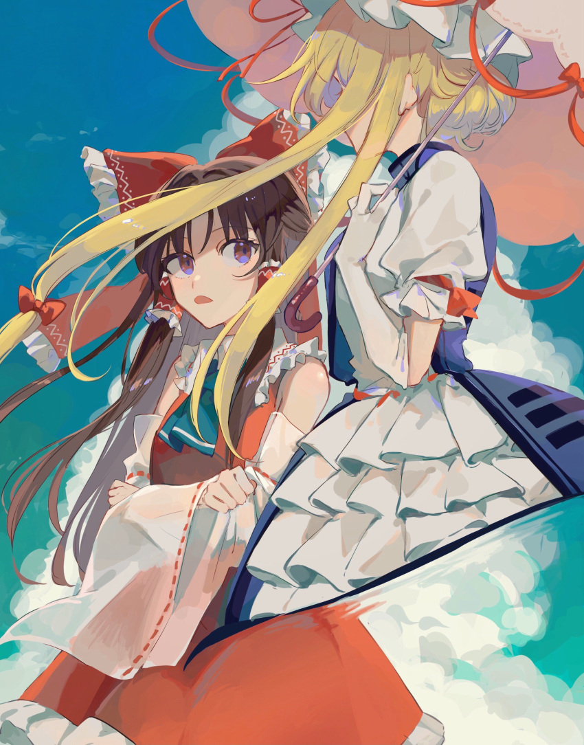2girls absurdres aqua_ascot blonde_hair blue_sky bow brown_hair clouds cloudy_sky commentary_request crossed_arms d: detached_sleeves dress elbow_gloves frilled_bow frilled_dress frilled_hair_tubes frilled_shirt_collar frilled_skirt frills gap_(touhou) gloves hair_bow hair_tubes hakurei_reimu hat highres holding holding_umbrella long_hair looking_at_another mob_cap multiple_girls open_mouth parasol puffy_short_sleeves puffy_sleeves purple_tabard red_ribbon red_skirt red_vest ribbon ribbon-trimmed_sleeves ribbon_trim short_sleeves skirt sky touhou umbrella vest violet_eyes white_dress white_gloves white_headwear white_sleeves yakumo_yukari yanfei_u
