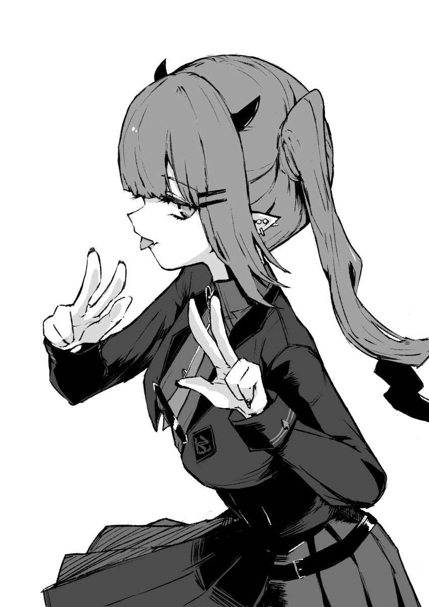 1girl :p bangs collared_shirt demon_horns double_v ear_piercing greyscale hair_ornament hairclip highres hololive horns long_hair long_sleeves monochrome not_nodu piercing pleated_skirt pointy_ears shirt side_ponytail sidelocks sideways_glance simple_background skirt solo tokoyami_towa tongue tongue_out v virtual_youtuber white_background