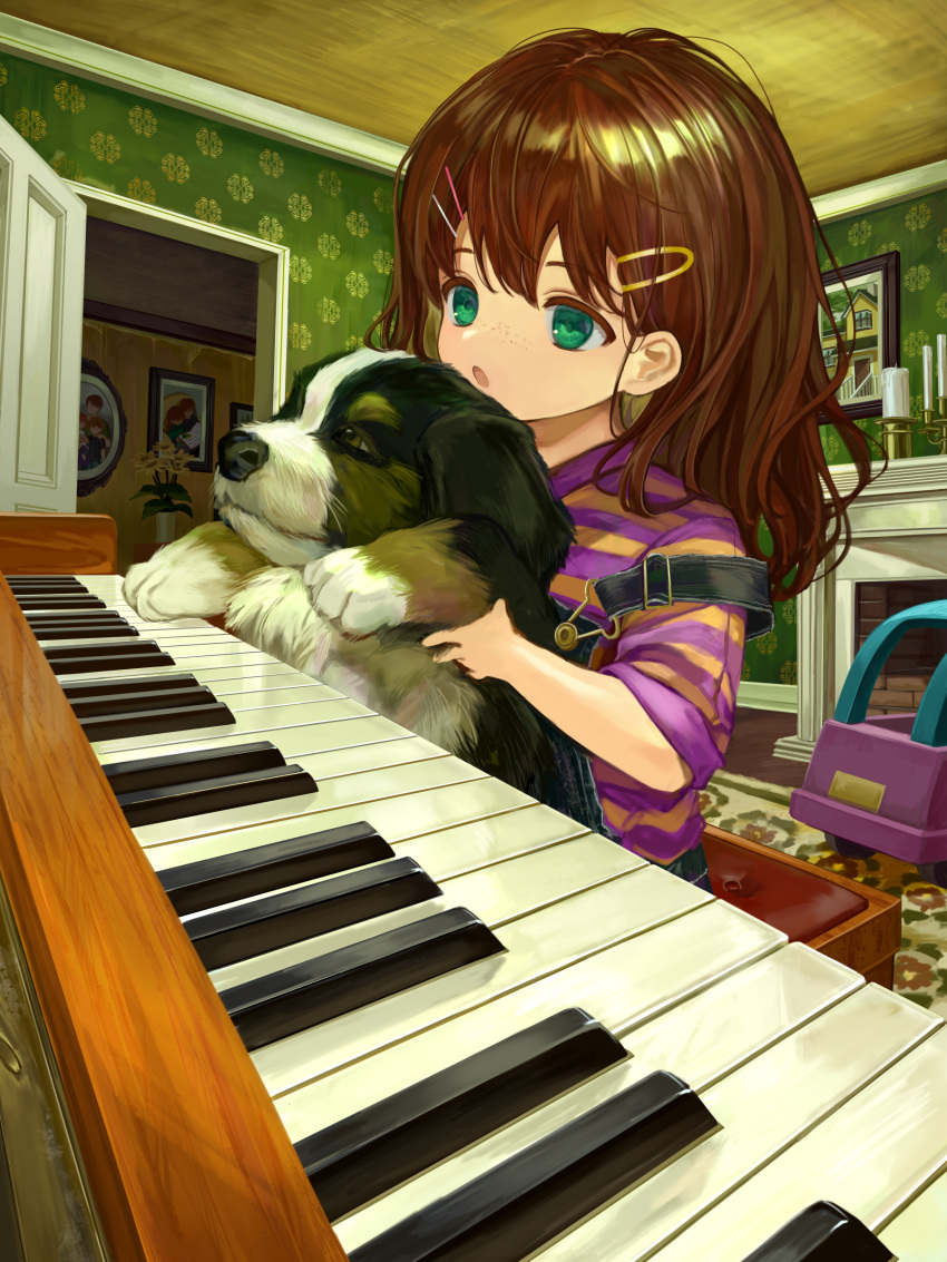 1girl absurdres animal bernese_mountain_dog brown_hair candle candlestand child commentary_request dog female_child fireplace flower freckles green_eyes hair_ornament hairclip highres holding holding_animal indoors instrument long_hair original overalls parted_lips piano picture_frame sero3eta shirt short_sleeves solo striped striped_shirt vase yellow_flower