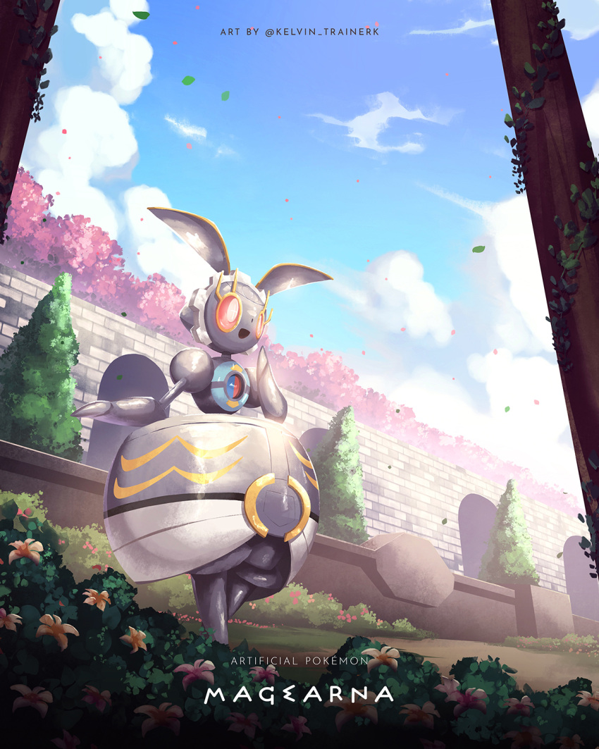 bright_pupils character_name clouds commentary copyright_name day flower from_below highres kelvin-trainerk magearna magearna_(normal) no_humans outdoors petals pokemon pokemon_(creature) red_eyes sky solo standing tree twitter_username wall white_pupils