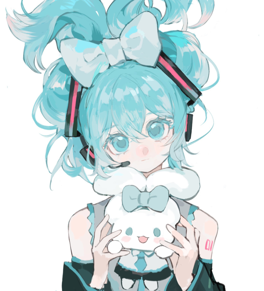 1girl bare_shoulders black_sleeves blue_bow blue_eyes blue_hair blue_necktie bow cinnamiku cinnamoroll cosplay detached_sleeves expressionless folded_twintails frilled_shirt frills grey_shirt hair_bow hair_ornament hatsune_miku hatsune_miku_(cosplay) head_tilt headphones headset highres holding_bunny lili_(lili_mioriririi) long_hair looking_at_viewer microphone necktie sanrio shirt simple_background solo upper_body very_long_hair vocaloid white_background