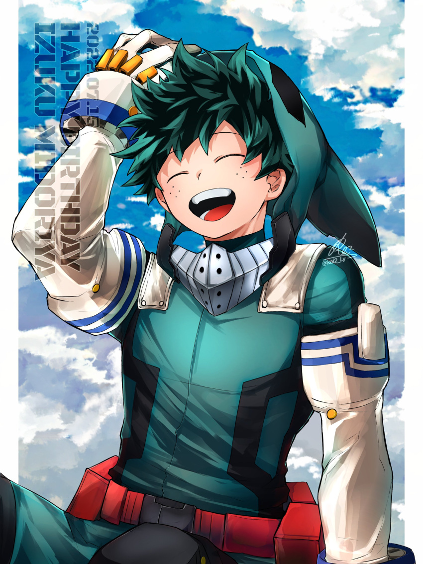 1boy absurdres arm_up belt bodysuit boku_no_hero_academia border closed_eyes clouds commentary_request day facing_viewer freckles gloves green_bodysuit green_hair happy_birthday highres hood hood_up kai2_ly male_focus midoriya_izuku open_mouth outside_border red_belt short_hair signature sitting smile solo white_border white_gloves