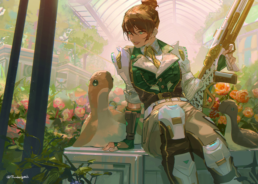 1girl apex_legends belt blue_eyes blush breasts brown_hair brown_necktie brown_pants collared_shirt energy_gun flower gun hair_behind_ear hair_bun highres holding holding_gun holding_weapon leaning_back looking_down medium_breasts necktie official_alternate_costume pants parted_lips red_flower red_rose rifle rose shirt sitting smile sniper_rifle solo stuffed_toy thundergotch triple_take weapon white_belt white_shirt wraith_(apex_legends)