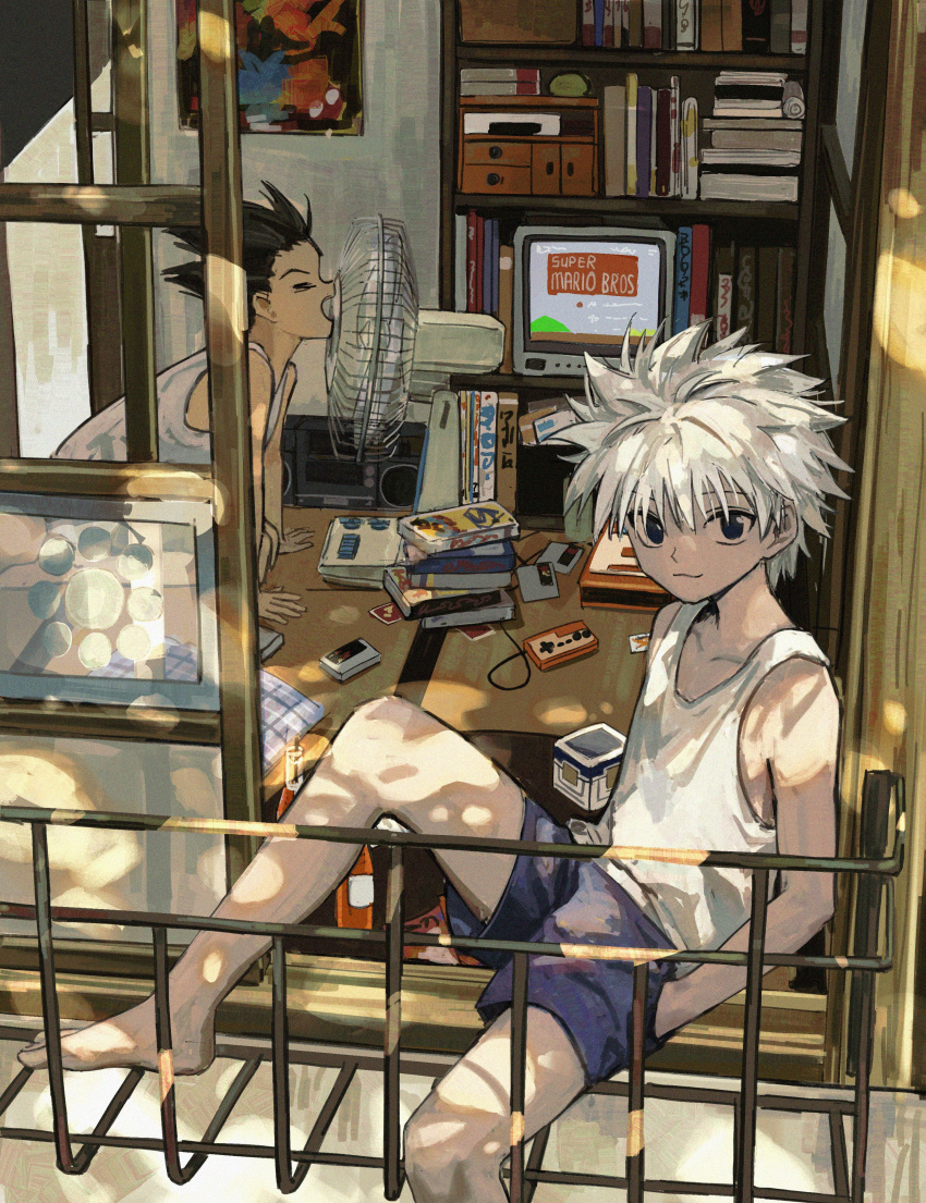 2boys absurdres bare_shoulders barefoot black_hair book bookshelf closed_eyes closed_mouth commentary_request dappled_sunlight electric_fan fanning_face fanning_self gon_freecss hand_in_pocket hands_on_floor highres hunter_x_hunter indoors killua_zoldyck looking_at_viewer male_focus messy_hair multiple_boys nintendo open_mouth picture_frame railing shirt short_hair shorts sitting spiky_hair summer sunlight super_mario_bros. super_mario_bros._1 tank_top television white_hair white_shirt window wooden_floor yuhuaniiiiiii