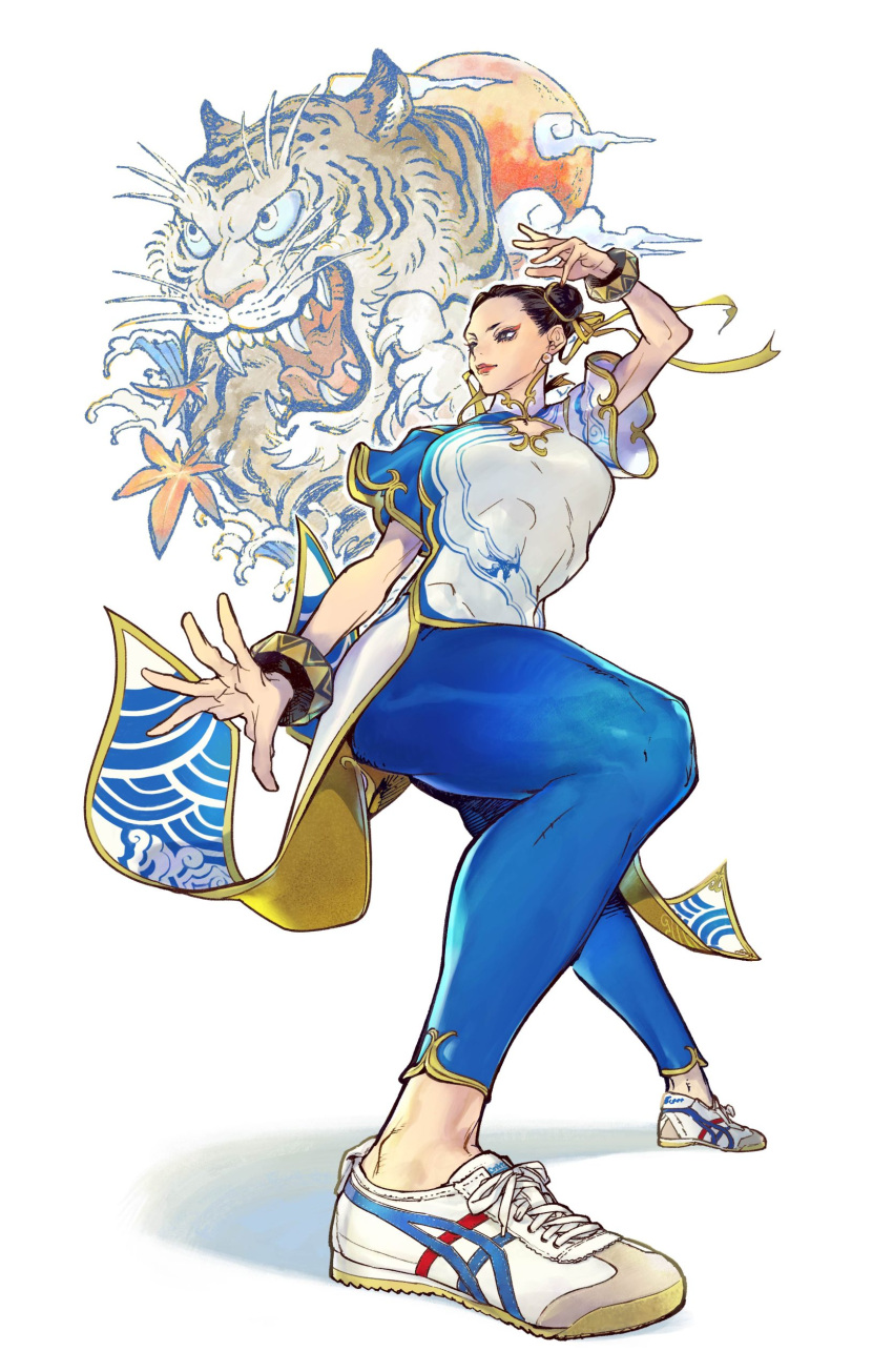 1girl absurdres alternate_footwear asian black_hair blue_leggings bracelet capcom china_dress chinese_clothes chun-li double_bun dress eyeshadow fighting_stance full_body graffiti hair_bun hair_ribbon highres jewelry kung_fu leggings makeup official_art onitsuka_tiger pelvic_curtain product_placement ribbon shoes short_hair sneakers solo street_fighter street_fighter_6 tamio thick_thighs thighs tiger twisted_torso white_dress