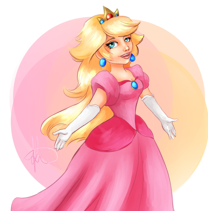 1girl absurdres blonde_hair blue_eyes crown dress earrings gloves highres hyzenthlay89 jewelry long_hair looking_at_viewer pink_dress princess_peach smile solo super_mario_bros. white_gloves