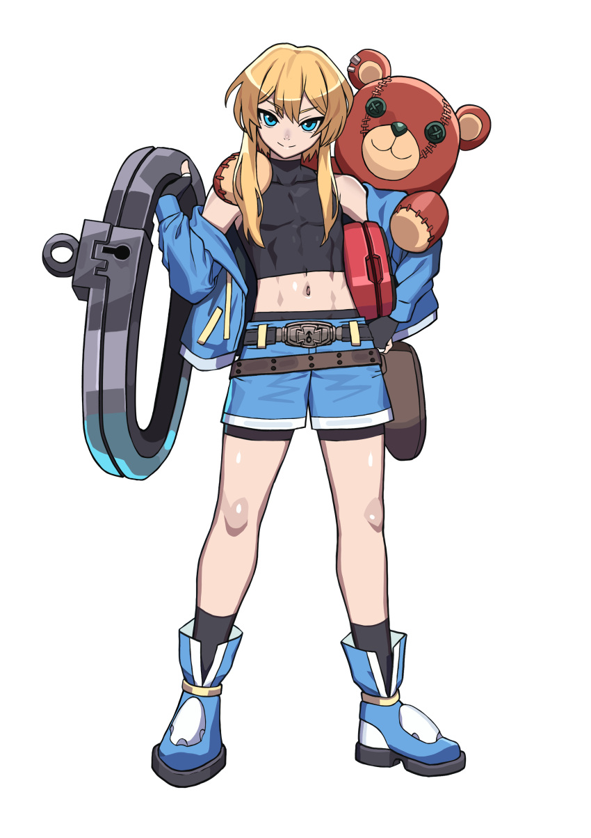 &gt;:) 1girl abs absurdres aqua_eyes belt blonde_hair braid bridget_(guilty_gear) fingerless_gloves gloves guilty_gear highres shorts simple_background skin_tight smile stuffed_animal stuffed_toy teddy_bear toned transgender v-shaped_eyebrows vulcan_(ejel2000) white_background