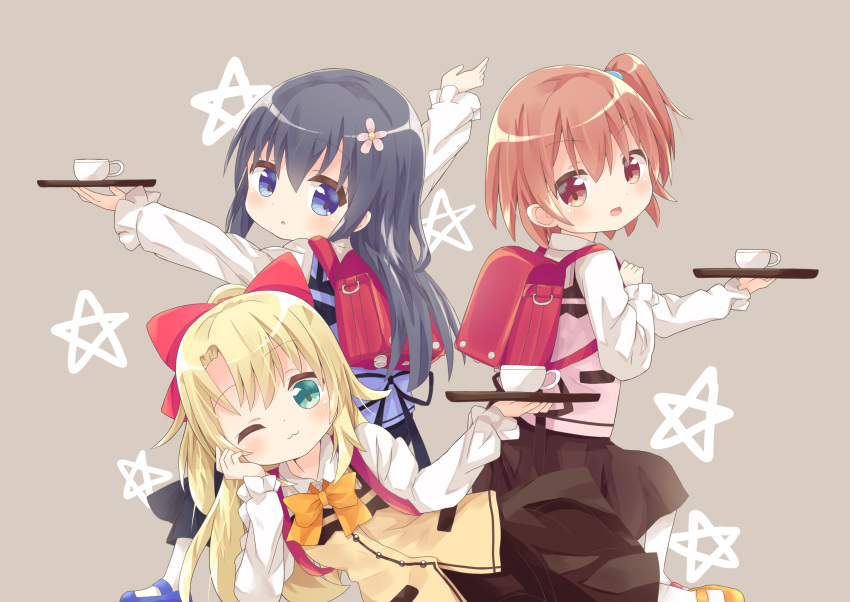 3girls :3 :d :o abstract_background absurdres alternate_costume apron aqua_eyes arms_up backpack bag bangs black_hair blonde_hair blue_apron blue_eyes blue_footwear bow brown_background child clip_studio_paint_(medium) closed_mouth coffee_cup commentary_request cosplay cup disposable_cup gochuumon_wa_usagi_desu_ka? hair_between_eyes hand_on_own_face hands_up highres himesaka_noa holding hoshino_hinata hoto_cocoa hoto_cocoa_(cosplay) kafuu_chino kafuu_chino_(cosplay) kirima_syaro kirima_syaro_(cosplay) light_blush long_hair long_sleeves looking_at_another looking_at_viewer looking_away lying matching_outfit medium_hair multiple_girls nakkar one_eye_closed one_knee open_mouth outstretched_arms pink_apron pink_footwear ponytail pose rabbit_house_uniform randoseru red_eyes redhead shiny shiny_hair shirosaki_hana side_ponytail sideways_glance skirt smile smug star_(symbol) tray uniform v-shaped_eyebrows watashi_ni_tenshi_ga_maiorita! yellow_apron yellow_bow yellow_footwear
