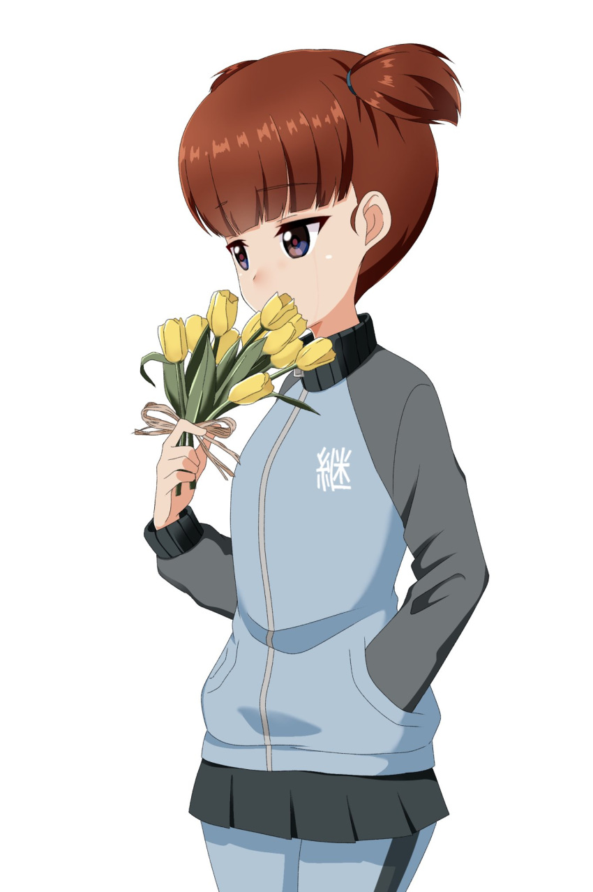 1girl bad_id bad_twitter_id bangs blue_pants blunt_bangs closed_mouth commentary cowboy_shot flower girls_und_panzer hair_tie hand_in_pocket highres holding holding_flower keizoku_military_uniform light_frown mikko_(girls_und_panzer) pants pants_under_skirt red_eyes redhead sad short_hair short_twintails simple_background solo standing tanutika tears track_pants tulip twintails white_background yellow_flower