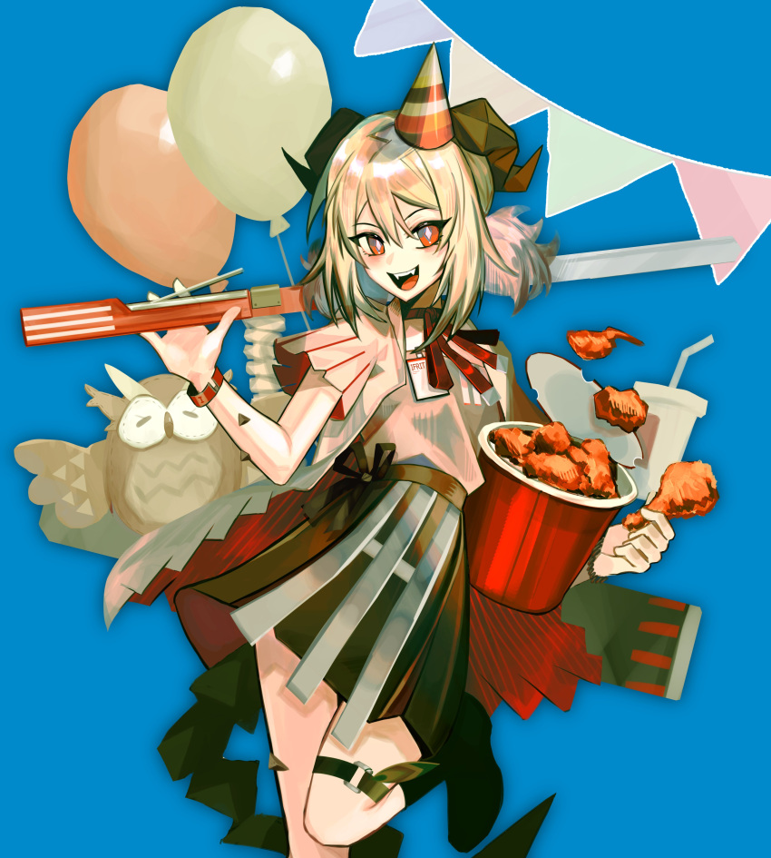 1girl :d absurdres arknights balloon bead_bracelet beads bird black_skirt blonde_hair blue_background bracelet bucket_of_chicken chicken_leg commentary english_commentary food hat highres holding holding_food horns id_card ifrit_(arknights) jewelry o-ring_strap oripathy_lesion_(arknights) owl party_hat populamalus red_eyes sharp_teeth shirt short_sleeves short_twintails simple_background skirt smile solo string_of_flags teeth thigh_strap twintails white_shirt