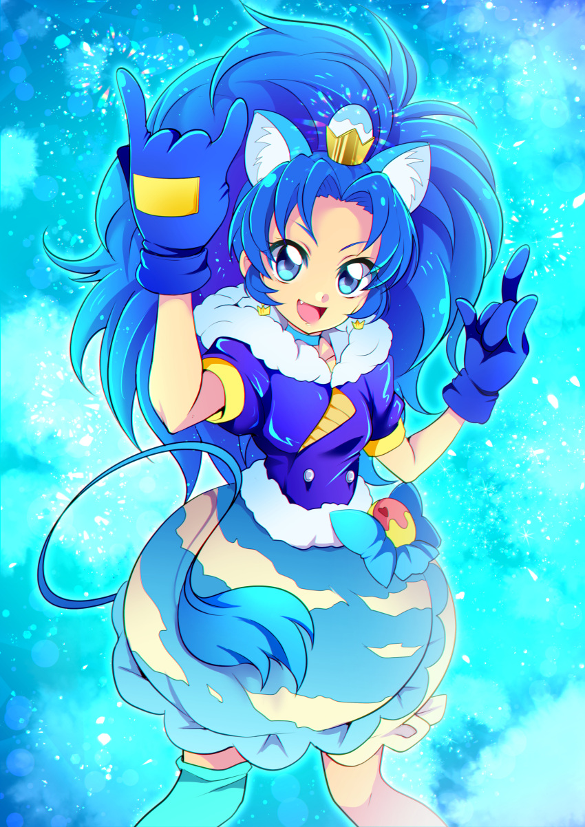 1girl :d absurdres animal_ear_fluff animal_ears asymmetrical_legwear blue_background blue_bow blue_choker blue_eyes blue_gloves blue_hair blue_jacket blue_skirt bow choker collarbone crown_earrings cure_gelato fang gloves hair_intakes highres jacket kirakira_precure_a_la_mode lion_ears lion_girl lion_tail long_hair miniskirt mitsuki_tayura open_mouth precure short_sleeves single_thighhigh skirt smile solo tail thigh-highs very_long_hair