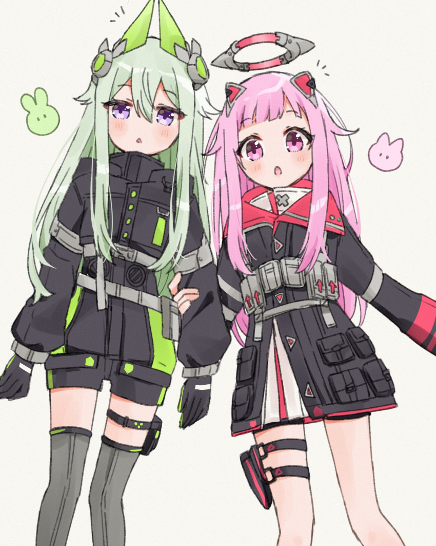 2girls animal_ears arm_strap bangs black_gloves black_jacket black_shorts blush cat_ears commentary dress fake_animal_ears gloves grey_thighhighs hair_between_eyes halo highres holding_another's_arm jacket kusanagi_nene long_sleeves mechanical_halo multiple_girls mumusuke notice_lines ootori_emu open_mouth pink_eyes pink_hair pouch project_sekai rabbit_ears robot_ears shorts sidelocks simple_background tactical_clothes thigh-highs thigh_pouch thigh_strap triangle_mouth white_background white_dress