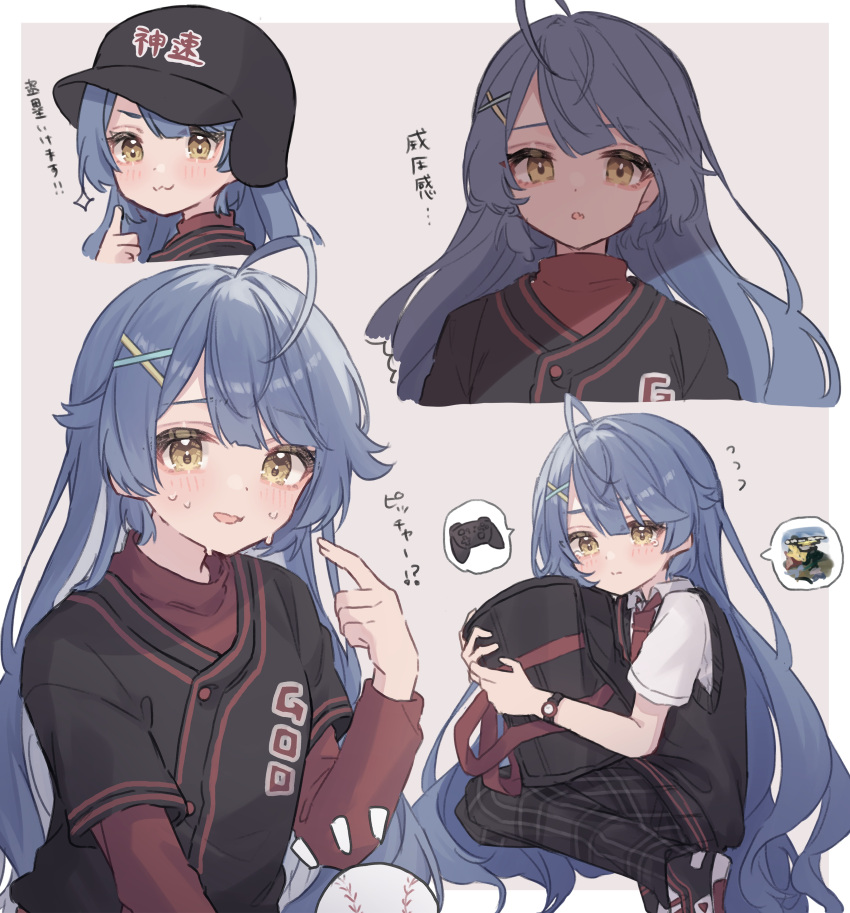 1girl :3 absurdres ahoge amamiya_kokoro bag bangs baseball baseball_helmet baseball_jersey baseball_uniform black_vest blue_hair closed_mouth collared_shirt controller hair_down hair_ornament hat helmet highres long_hair long_sleeves looking_at_viewer necktie nijisanji open_mouth pleated_pants red_necktie roku_6 shadow shirt shoes short_sleeves simple_background solo sportswear sweat very_long_hair vest virtual_youtuber watch watch white_shirt x_hair_ornament yellow_eyes