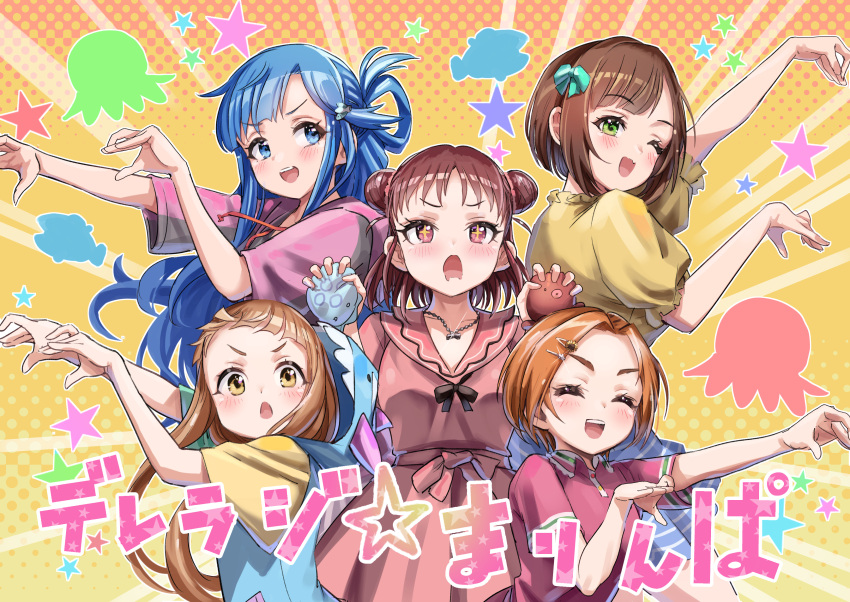 +_+ 5girls :o ;d ^_^ ^o^ absurdres asari_nanami blush closed_eyes double_bun fish hair_bun hair_rings highres ichihara_nina idolmaster idolmaster_cinderella_girls maekawa_miku multiple_girls munakata_atsumi octopus one_eye_closed pizzasi polka_dot polka_dot_background pose ryuzaki_kaoru smile star_(symbol)