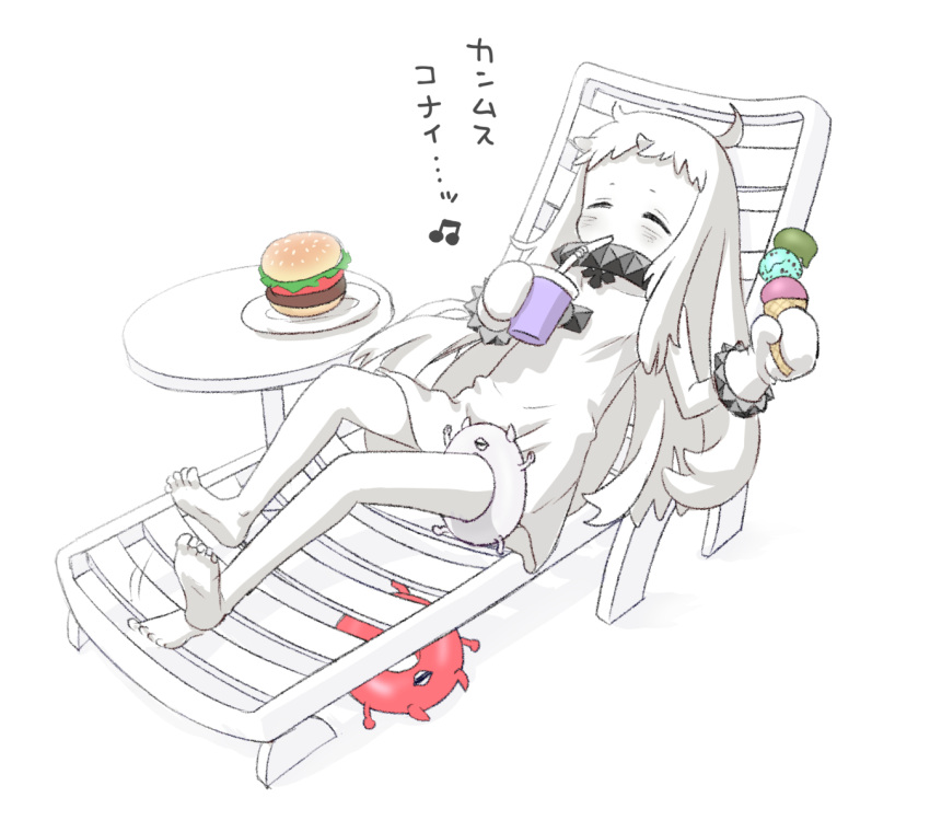 1girl abyssal_ship barefoot burger chair closed_eyes dress drink enemy_lifebuoy_(kancolle) food highres ice_cream kantai_collection kujira_naoto long_hair lounge_chair mittens northern_ocean_princess sitting sleeveless sleeveless_dress white_dress white_hair