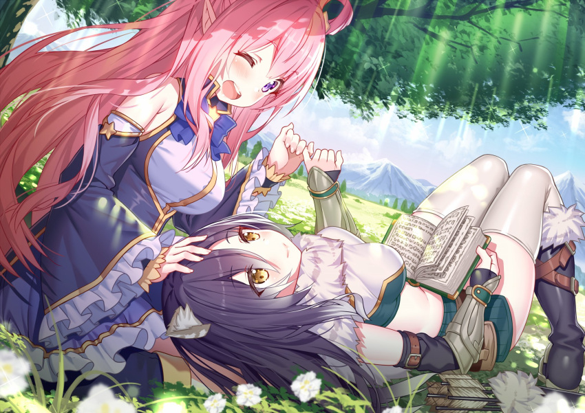 2girls akusema animal_ears arrow_(projectile) book boots bow bowtie breasts closed_mouth day detached_sleeves dress elf flower fur_collar grass hatsune_(princess_connect!) highres large_breasts lying medium_breasts mountainous_horizon multiple_girls on_back on_grass one_eye_closed open_mouth outdoors pinky_swear pointy_ears princess_connect! purple_dress quiver shiori_(princess_connect!) sitting sky smile thigh-highs tiger_ears tiger_girl tree