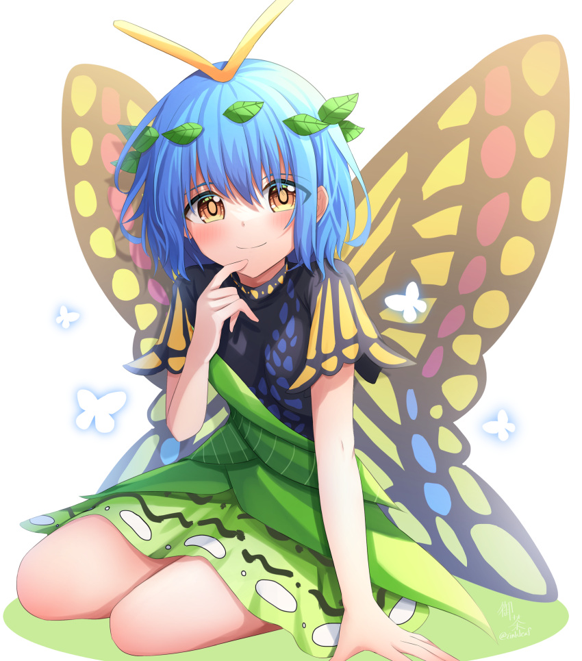 1girl antennae aqua_hair artist_name butterfly_wings closed_mouth dress eternity_larva fairy green_dress highres leaf leaf_on_head multicolored_clothes multicolored_dress orange_eyes short_hair short_sleeves signature smile solo touhou twitter_username wings yu_cha