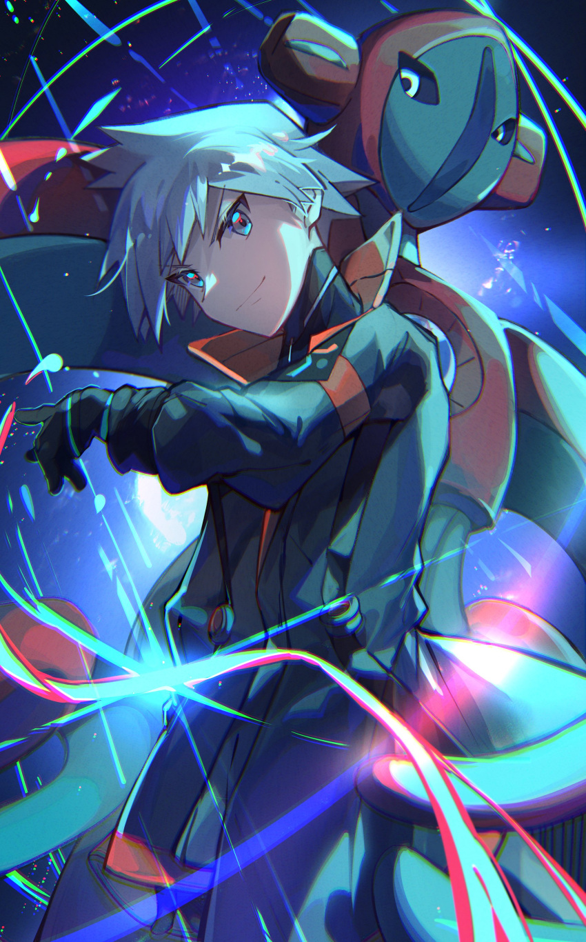 1boy absurdres aqua_eyes aqua_hair bangs black_gloves closed_mouth commentary_request deoxys deoxys_(normal) gloves head_tilt highres jacket looking_at_viewer male_focus official_alternate_costume pokemon pokemon_(creature) pokemon_(game) pokemon_masters_ex short_hair smile spiky_hair steven_stone vincapuca