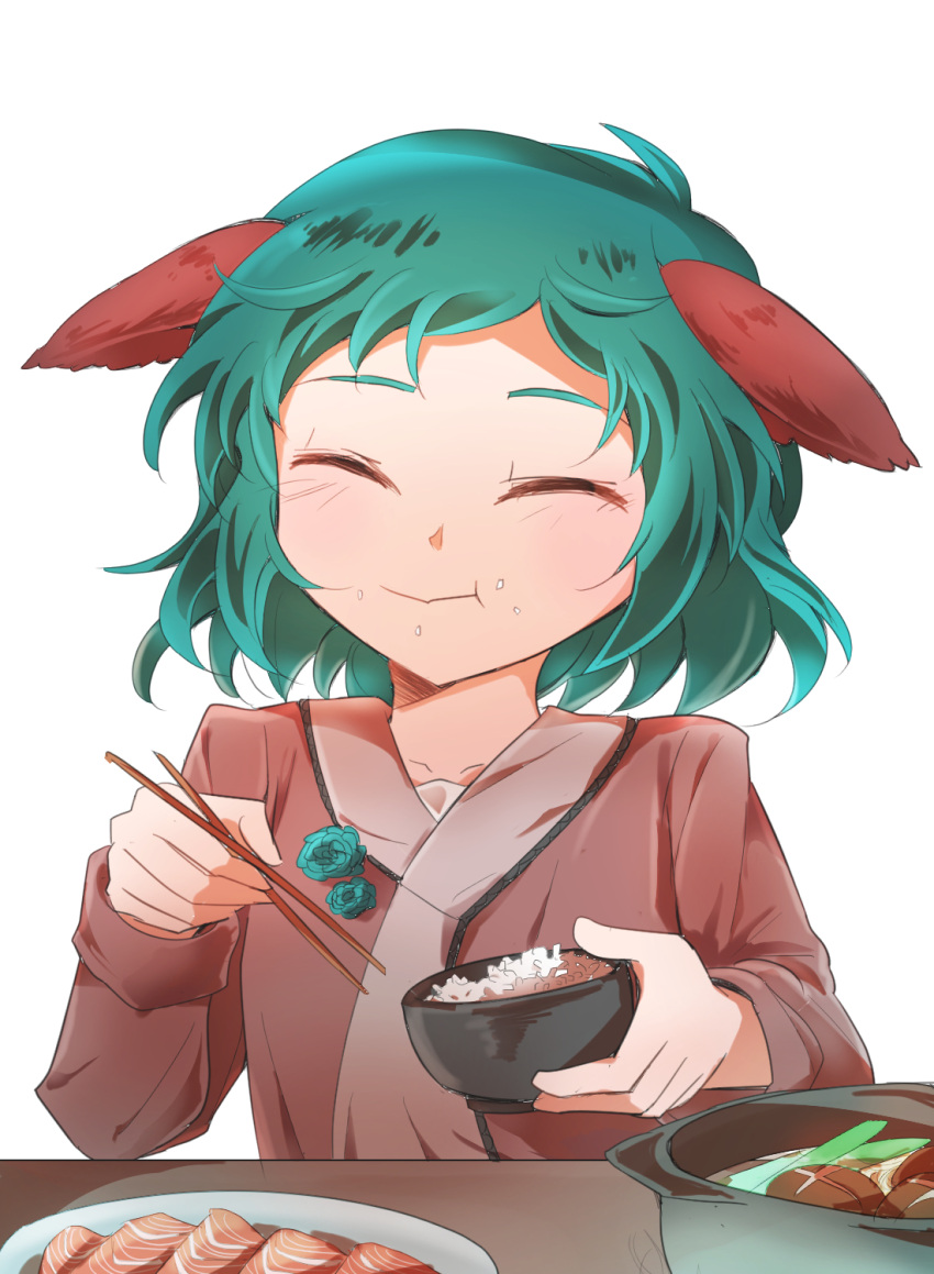 1girl :t bowl chopsticks closed_eyes closed_mouth collarbone eating facing_viewer food food_on_face green_hair highres holding holding_bowl holding_chopsticks holding_towel izha_(seisfleur) kasodani_kyouko long_sleeves plate short_hair simple_background solo touhou towel white_background