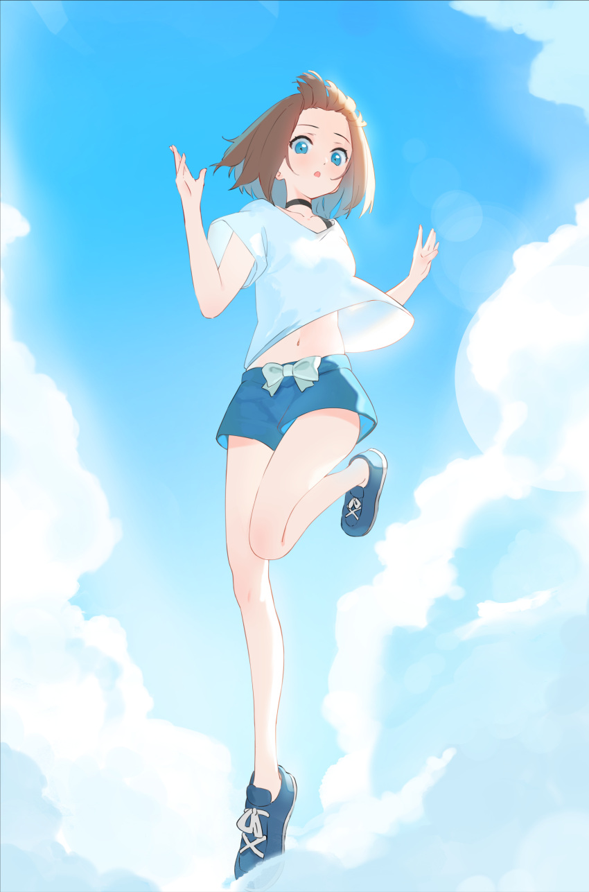 1girl :o absurdres aqua_eyes black_choker blue_footwear blue_shorts blush brown_hair choker clouds commentary_request cumulonimbus_cloud day fishofthelakes full_body highres leg_up legs looking_at_viewer navel original outdoors parted_lips shirt shoes short_hair short_shorts short_sleeves shorts sky sneakers solo white_shirt