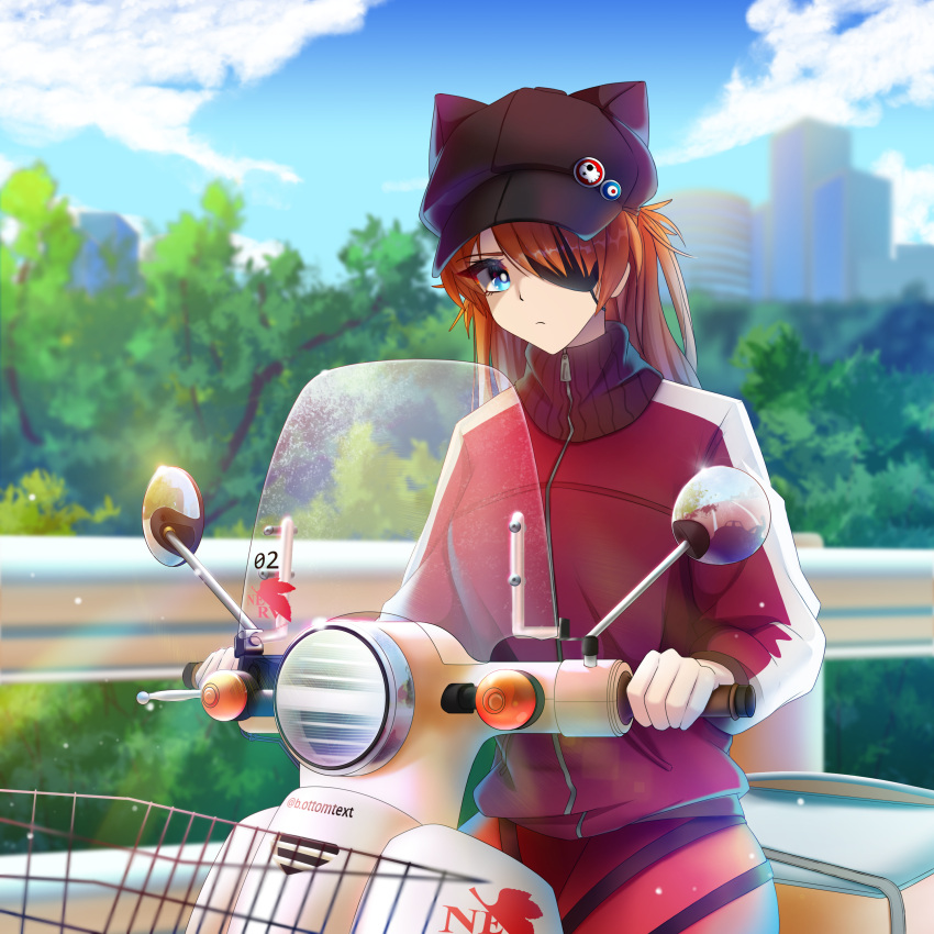 1girl absurdres animal_ears basket blue_eyes blue_sky blurry bodysuit botttomtext cat_ears clouds depth_of_field english_commentary eyepatch ground_vehicle hair_over_one_eye hat headlight highres light_frown looking_at_viewer motor_vehicle neon_genesis_evangelion nerv orange_hair plugsuit plump rear-view_mirror rebuild_of_evangelion red_bodysuit scooter sky solo souryuu_asuka_langley thighs turtleneck twitter_username windshield