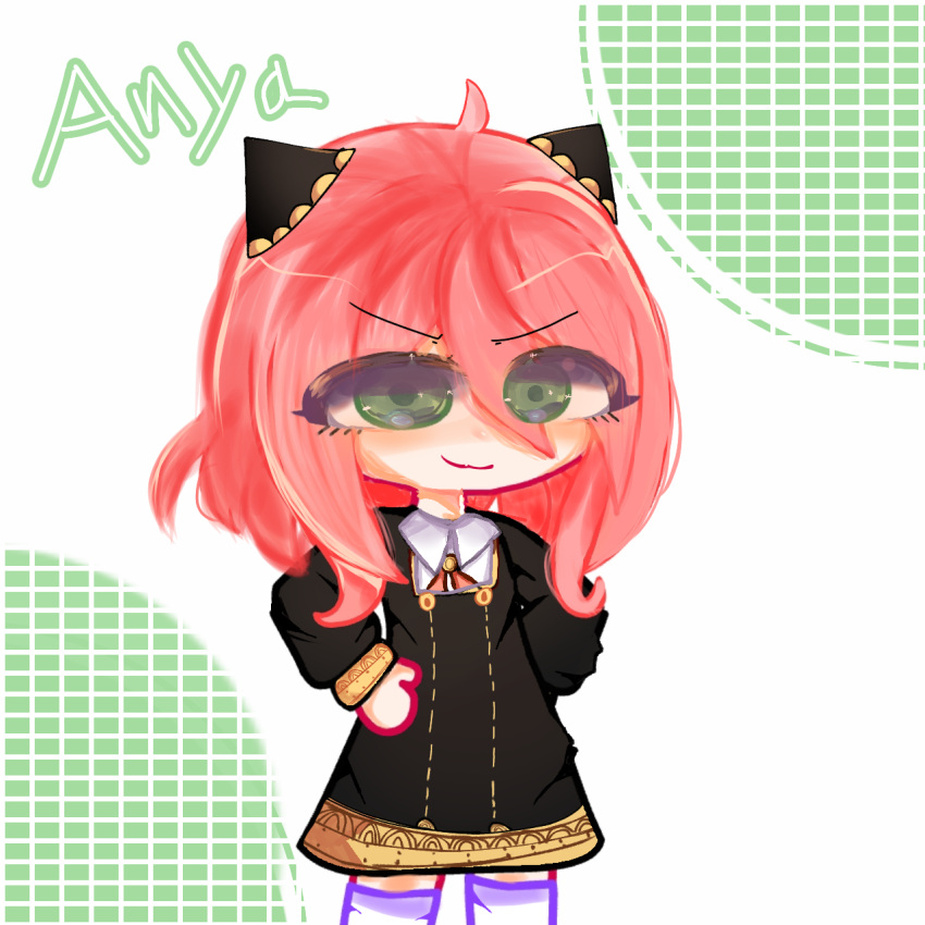 1girl ahoge artist_request check_copyright collared_shirt copyright_request eden_academy_uniform female_child gacha_club green_eyes hairpods hand_on_hip highres ibispaint long_sleeves non-web_source pink_hair shirt short_hair smile solo source_request spy_x_family