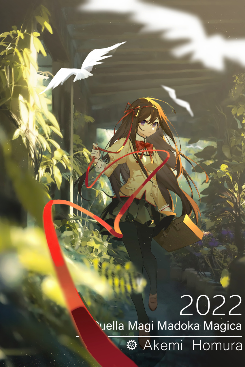 1girl 2022 absurdres akemi_homura bag bangs bird black_hair black_skirt blurry bow bowtie briefcase building character_name collared_jacket copyright_name day depth_of_field expressionless flower full_body hair_between_eyes hair_ribbon hairband hand_up high_collar highres holding holding_bag holding_ribbon jacket juliet_sleeves leaf long_hair long_sleeves mahou_shoujo_madoka_magica mazinisang mitakihara_school_uniform outdoors plant puffy_sleeves purple_flower red_bow red_bowtie red_hairband red_ribbon ribbon running school_uniform skirt solo violet_eyes white_bird yellow_jacket