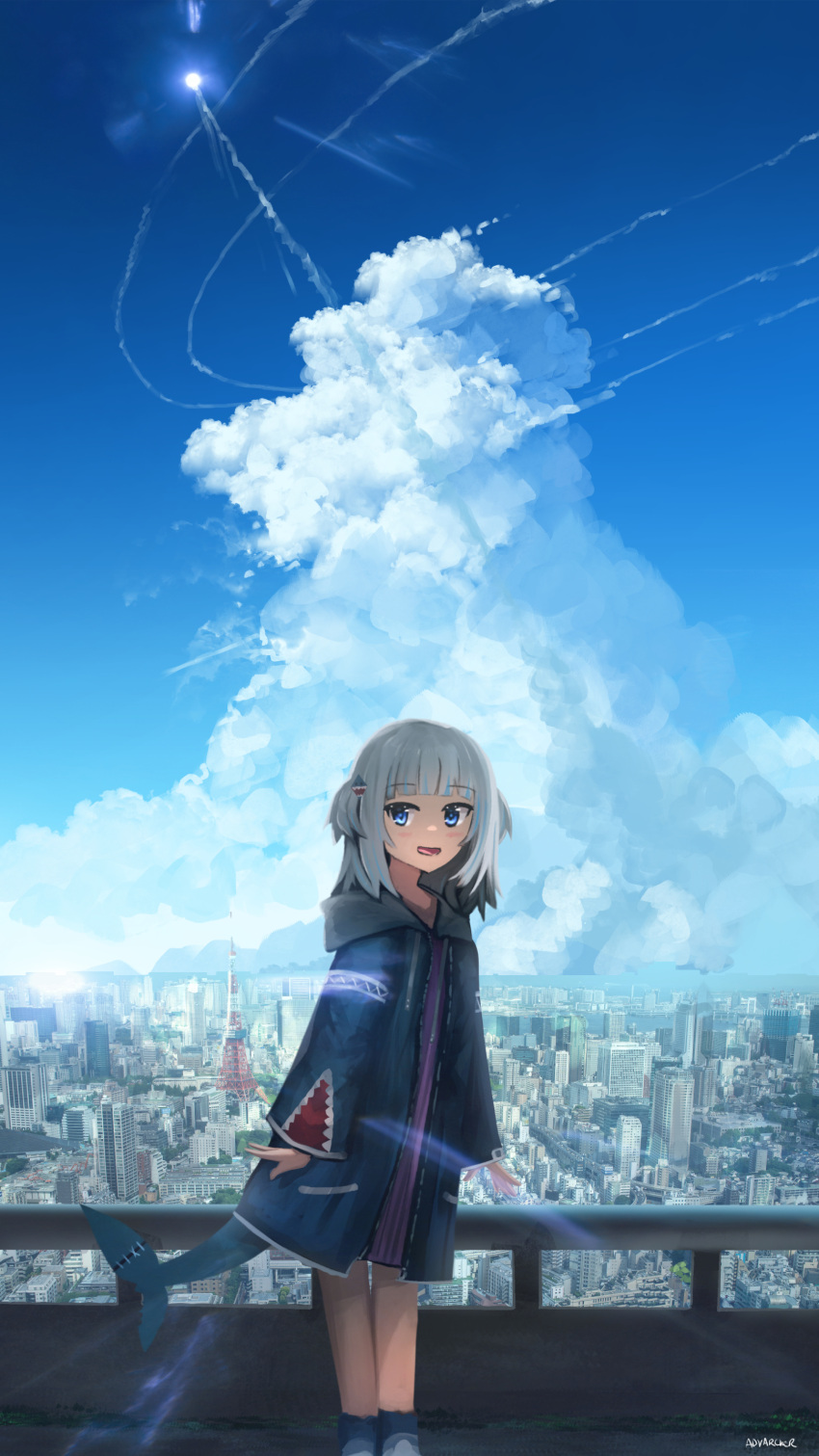 1girl absurdres animal_costume animal_hood anonamos artist_name bangs blue_eyes blue_hoodie blunt_bangs building city cityscape clouds commentary english_commentary fish_tail gawr_gura highres hololive hololive_english hood hoodie horizon long_sleeves looking_at_viewer medium_hair multicolored_hair outdoors photo-referenced railing shark_costume shark_girl shark_hood shark_tail shorts sky skyscraper solo tail to_the_moon two_side_up virtual_youtuber white_hair wide_sleeves