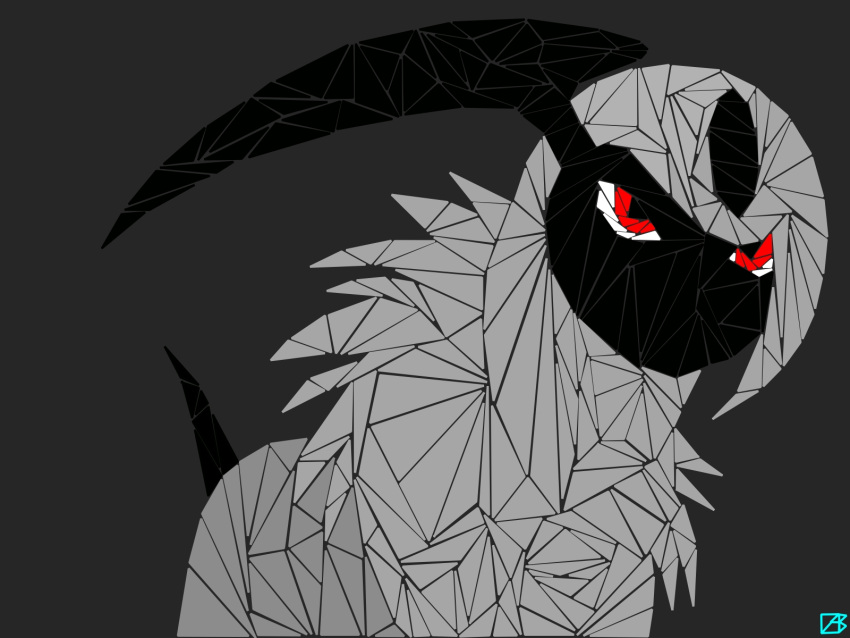 absol black_background black_fur black_horns blazeing_crab commentary english_commentary fluffy grey_fur highres horns no_humans pokemon pokemon_(creature) red_eyes self_upload signature simple_background single_horn solo white_fur