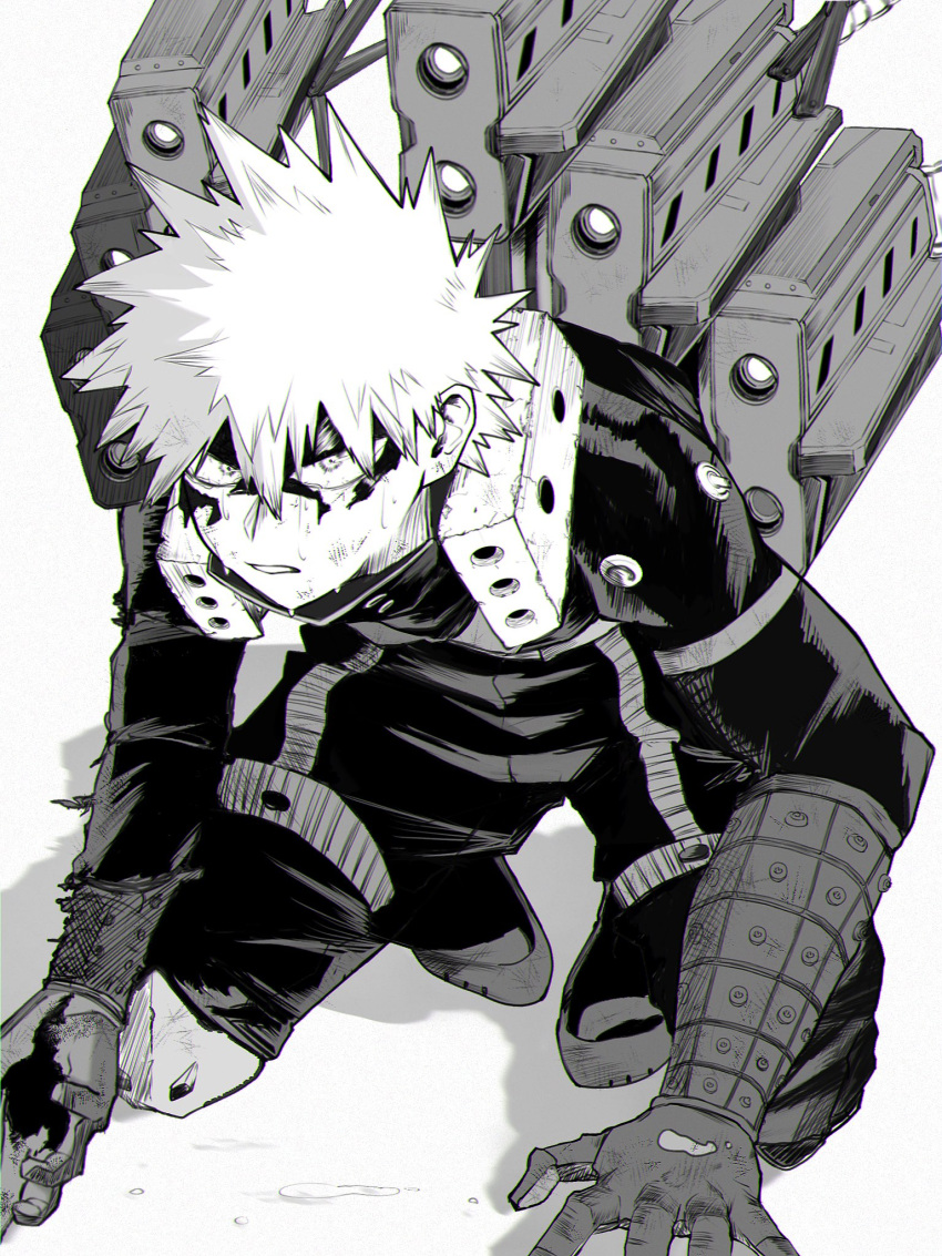 1boy baggy_pants bakugou_katsuki bangs black_mask black_pants boku_no_hero_academia chromatic_aberration eye_mask gloves greyscale gun hair_between_eyes hands_on_ground high_collar highres kneeling leaning_forward looking_at_viewer machine_gun male_focus monochrome neck_brace official_alternate_costume pants parted_lips short_hair solo spiky_hair spoilers sweat tears torn_clothes torn_gloves torn_mask torn_sleeve uni_ssansyo weapon wrist_guards