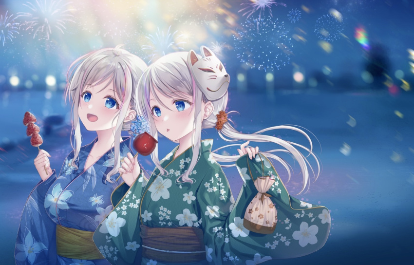 2girls :d aerial_fireworks bangs blue_flower blue_kimono breasts candy_apple closed_mouth commentary_request fireworks floral_print flower food fox_mask fruit green_kimono grey_hair hair_flower hair_ornament highres holding holding_food japanese_clothes kimono long_hair long_sleeves low_twintails mask mask_on_head medium_breasts multicolored_hair multiple_girls night obi outdoors pink_hair print_kimono purple_hair sash shiraishi_erica shiraishi_karin_(twinbox) smile sousouman strawberry streaked_hair swept_bangs tongue tongue_out twinbox_school twintails wide_sleeves