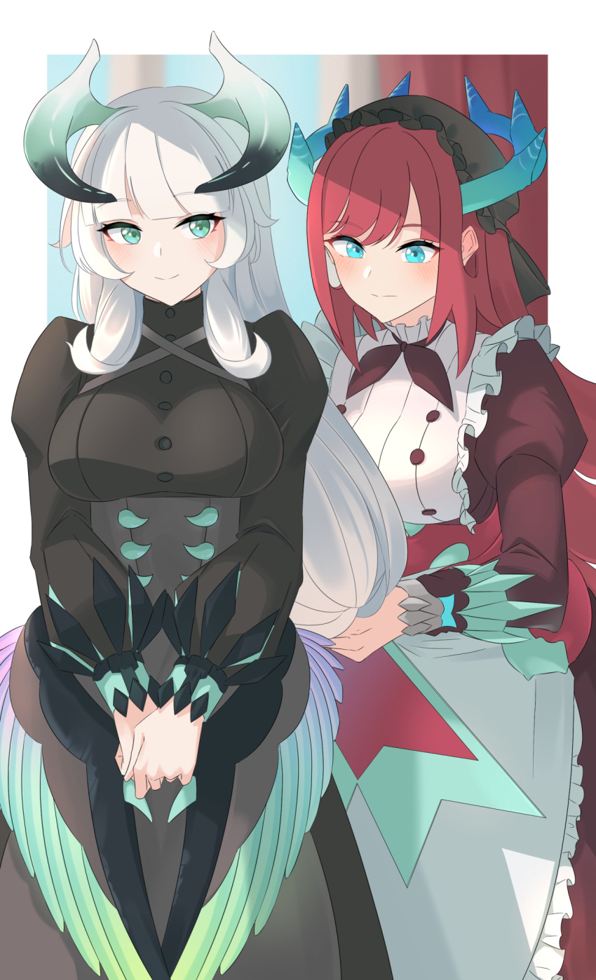 2girls apron bangs black_dress blue_eyes blunt_bangs breasts chamber_dragonmaid dragon_girl dragon_horns dress duel_monster frilled_apron frills green_eyes heichi highres holding_another's_hair horns juliet_sleeves kitchen_dragonmaid large_breasts long_hair long_sleeves maid_apron maid_headdress multiple_girls puffy_sleeves redhead white_hair yu-gi-oh!