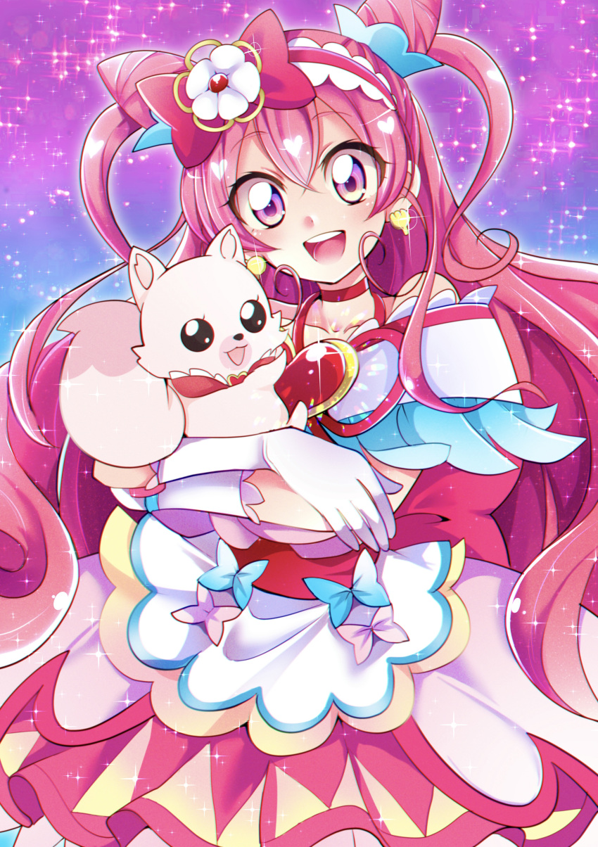 1girl :d absurdres animal bangs blue_bow bow choker cone_hair_bun cure_precious delicious_party_precure dress earrings floating_hair gloves hair_between_eyes hair_bow hair_bun highres holding holding_animal jewelry kome-kome_(precure) layered_dress long_hair looking_at_viewer mitsuki_tayura open_mouth pink_bow pink_eyes pink_hair precure red_bow red_choker shiny shiny_hair smile solo standing very_long_hair white_gloves