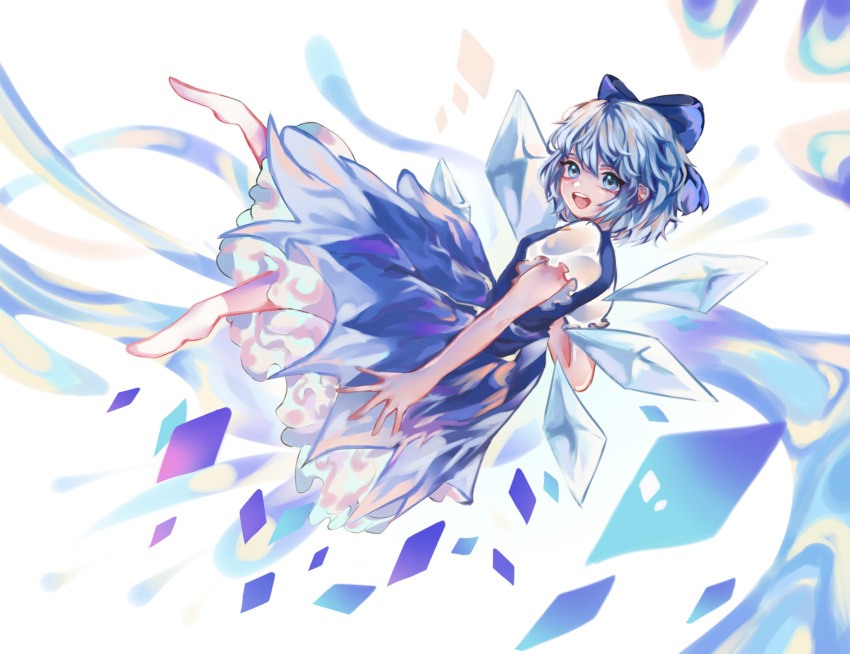 1girl :d barefoot blue_bow blue_dress blue_eyes blue_hair blush bow cirno commentary dress eyebrows_hidden_by_hair full_body hair_between_eyes hair_bow highres ice ice_wings looking_at_viewer looking_to_the_side open_mouth puffy_short_sleeves puffy_sleeves shirt short_sleeves smile solo teeth tongue touhou tumobaizhi upper_teeth white_shirt wings