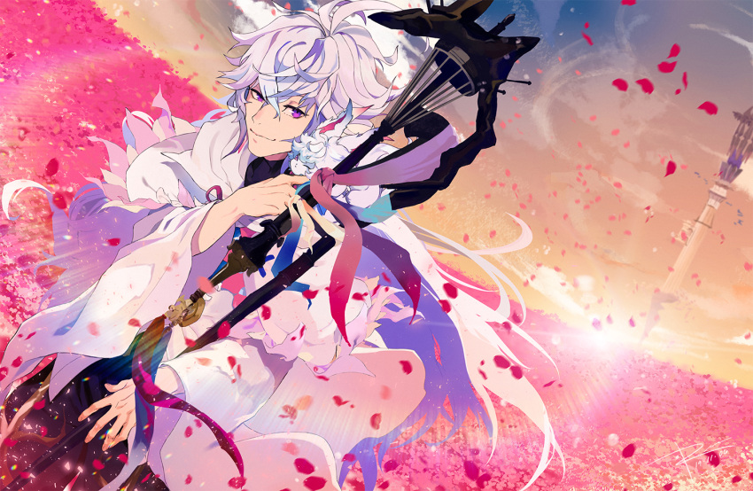 1boy ahoge bangs bishounen commentary_request creature dutch_angle falling_petals fate/grand_order fate_(series) feet_out_of_frame fou_(fate) hair_between_eyes holding holding_staff long_hair long_sleeves looking_at_viewer mage_staff male_focus merlin_(fate) petals ren_(rendrrr) smile smug solo staff tower very_long_hair violet_eyes white_hair