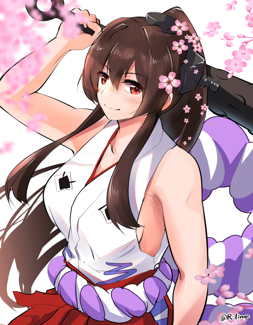 1girl absurdres breasts brown_hair cherry_blossoms club_(weapon) cosplay flower hair_flower hair_intakes hair_ornament headgear highres holding holding_weapon japanese_clothes kanabou kantai_collection kimono large_breasts lingerie_(aki3240) long_hair namesake one-hour_drawing_challenge one_piece ponytail red_eyes rope shimenawa sidelocks sleeveless sleeveless_kimono smile solo weapon white_kimono yamato_(kancolle) yamato_(one_piece) yamato_(one_piece)_(cosplay)