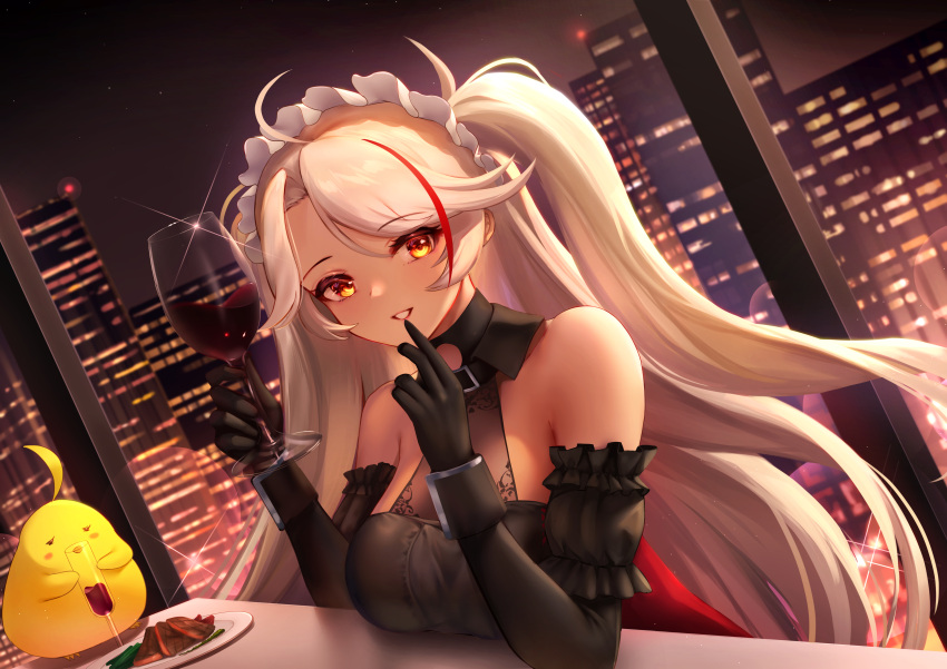 1girl absurdres azur_lane bangs black_dress building champagne_flute cityscape commentary cup detached_sleeves dress drinking_glass elbow_gloves food gloves grin halter_dress halterneck highres indoors long_hair looking_at_viewer maid_headdress manjuu_(azur_lane) multicolored_hair night prinz_eugen_(azur_lane) red_lips redhead sakurahuji-iro sitting skyscraper smile solo steak streaked_hair swept_bangs table two_side_up very_long_hair white_hair window wine_glass yellow_eyes