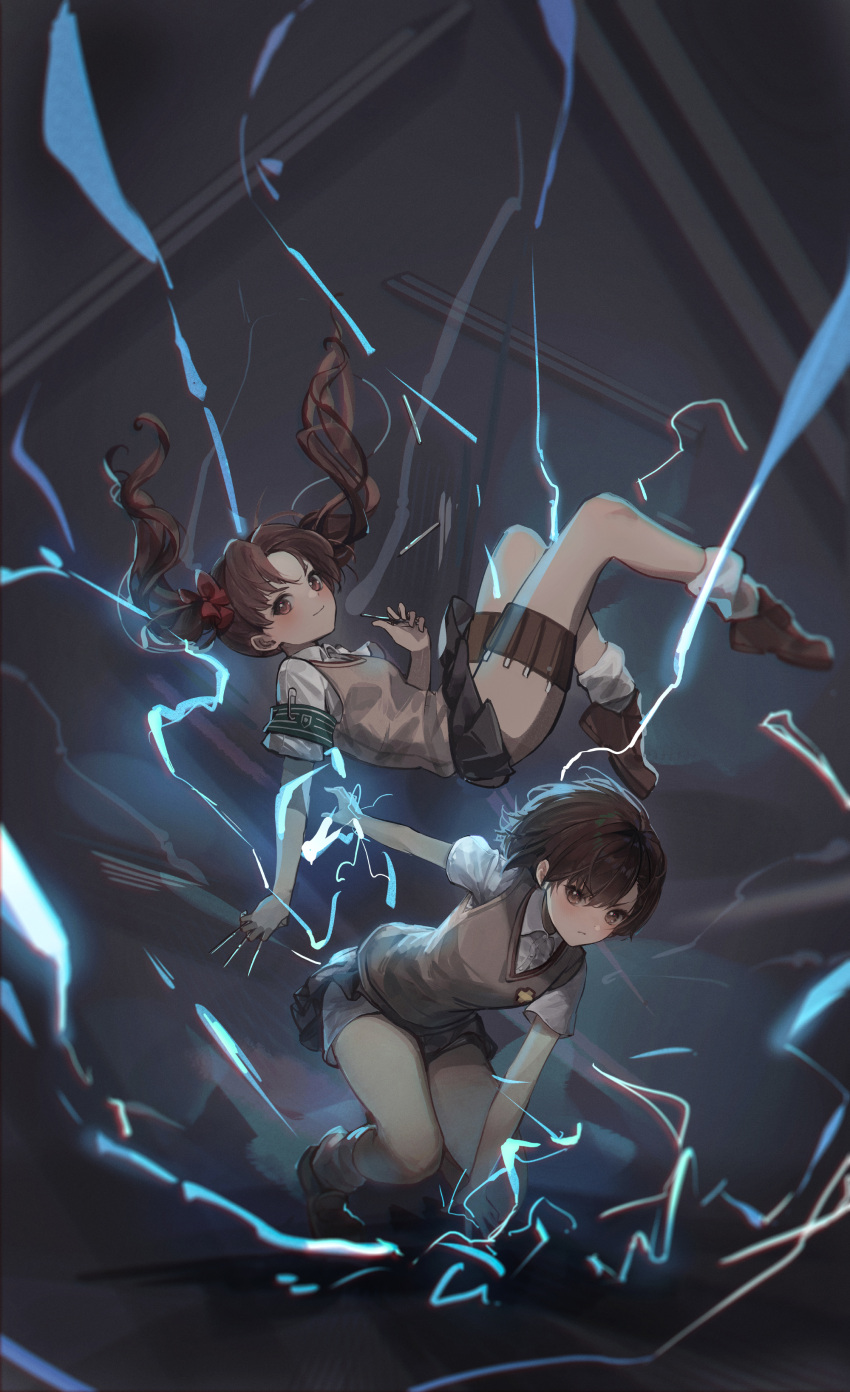 2girls absurdres armband black_skirt brown_eyes brown_hair brown_sweater_vest commentary electricity highres long_hair loose_socks lunia misaka_mikoto multiple_girls pleated_skirt school_uniform shirai_kuroko shirt short_hair short_sleeves shorts shorts_under_skirt skirt sweater_vest toaru_kagaku_no_railgun toaru_majutsu_no_index tokiwadai_school_uniform twintails v-shaped_eyebrows vest white_shirt