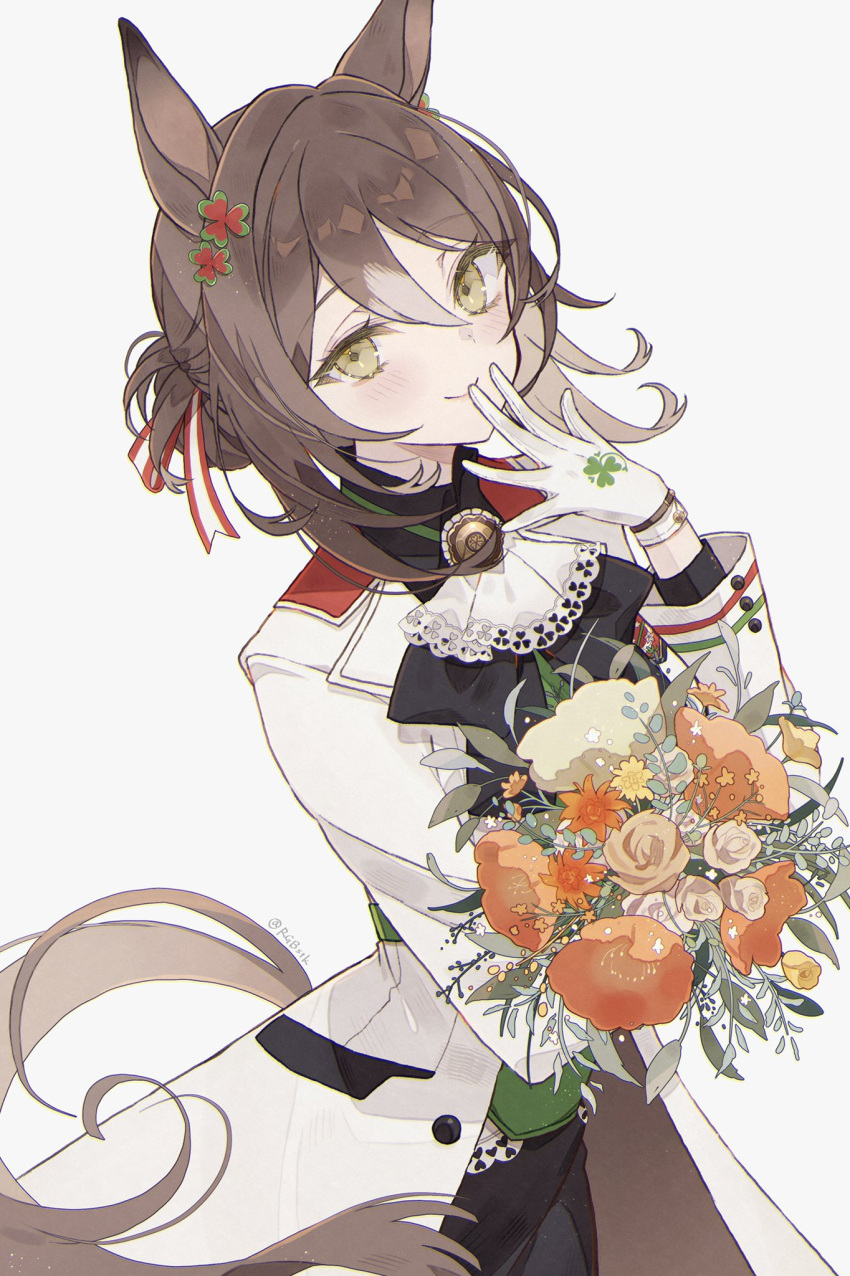 1girl animal_ears ascot bangs black_skirt blush bouquet clover_hair_ornament coat commentary fine_motion_(umamusume) flower gloves grey_background hair_bun hair_ornament hair_ribbon hand_to_own_mouth highres holding holding_bouquet horse_ears horse_girl horse_tail long_sleeves looking_at_viewer orange_flower ribbon satsuki_(miicat) simple_background skirt solo tail twitter_username umamusume white_ascot white_coat white_gloves yellow_eyes yellow_flower