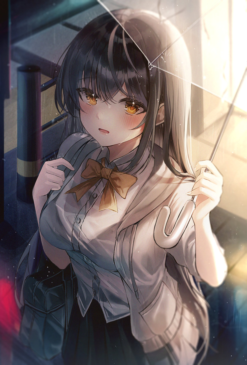1girl absurdres bag bangs black_hair blush bow bowtie breasts chaerom collared_shirt highres holding holding_umbrella long_hair long_sleeves looking_at_viewer open_mouth original pleated_skirt rain school_uniform shirt skirt solo sweater umbrella wet yellow_eyes