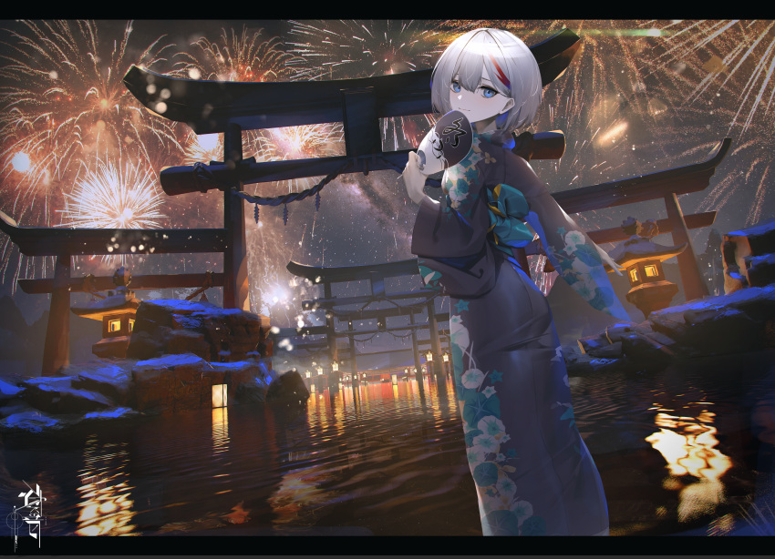 1girl :3 absurdres admiral_graf_spee_(azur_lane) aerial_fireworks alternate_costume architecture azur_lane blue_eyes blush building closed_mouth commentary east_asian_architecture eyelashes feet_out_of_frame fireworks glowing grey_hair grey_kimono hair_between_eyes hand_fan highres holding holding_fan japanese_clothes ka11_ca kimono letterboxed long_sleeves looking_at_viewer looking_back mountain multicolored_hair night paper_fan redhead rope shide shimenawa short_hair signature sky snow solo star_(sky) starry_sky stone_lantern streaked_hair torii uchiwa wading water wide_sleeves