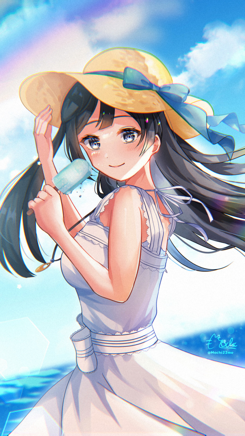 1girl bangs birthday black_hair blue_sky breasts chromatic_aberration clouds cloudy_sky commentary dress food hat highres holding holding_clothes holding_hat jewelry long_hair looking_at_viewer love_live! love_live!_nijigasaki_high_school_idol_club love_live!_school_idol_festival_all_stars medium_breasts mochi_tsu22 necklace ocean official_alternate_costume one_side_up popsicle sidelocks signature sky solo straw_hat sundress twitter_username white_dress yuuki_setsuna_(love_live!)