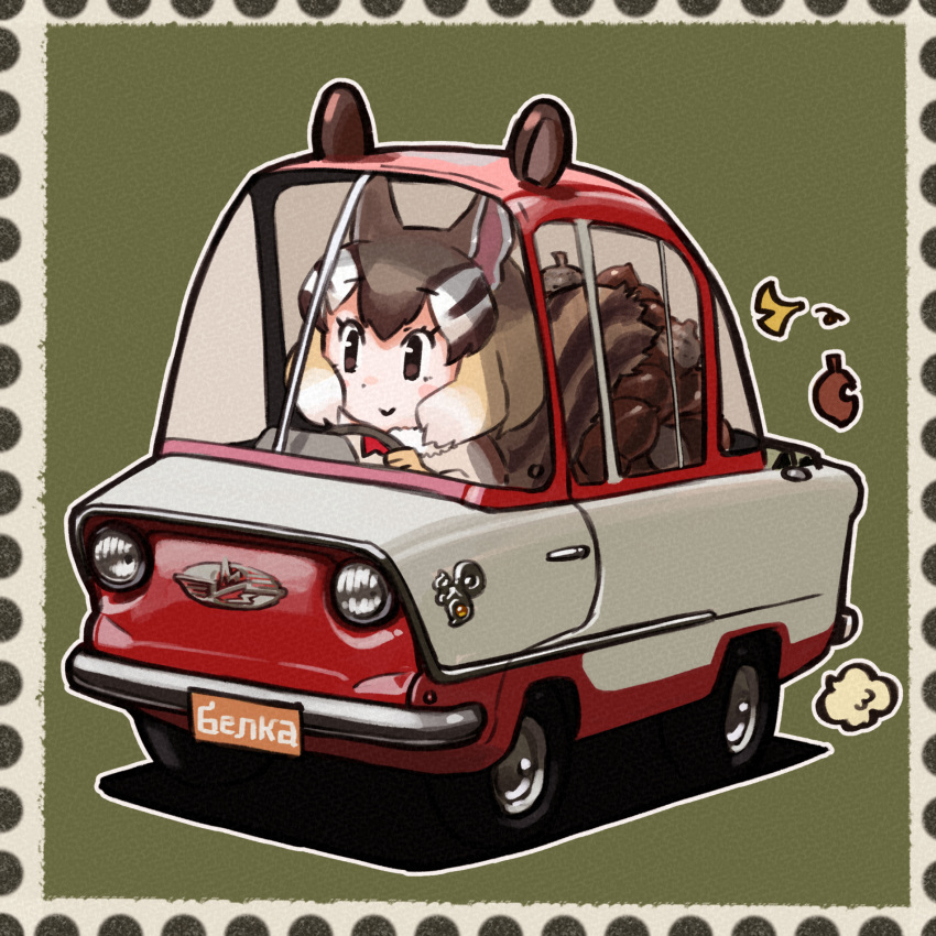 1girl acorn bangs blonde_hair brown_eyes brown_hair car chibi chipmunk_(kemono_friends) chipmunk_ears chipmunk_girl chipmunk_tail closed_mouth driving fur_collar gloves ground_vehicle highres kemono_friends leaf motor_vehicle multicolored_hair smile solo steering_wheel toriny white_hair