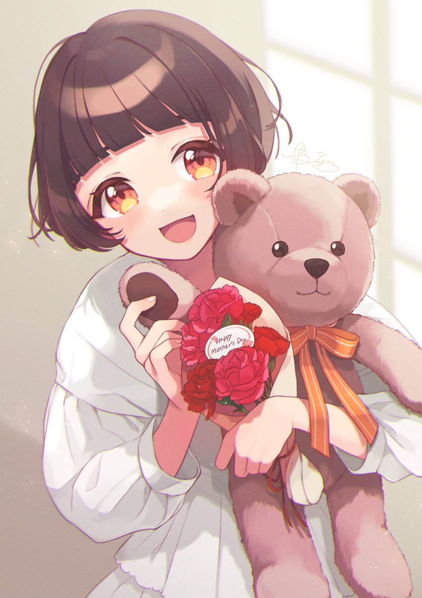 1girl bouquet brown_hair commission dress english_text flower highres indoors kamogawa_akira looking_at_viewer mother's_day orange_eyes original short_hair skeb_commission smile solo stuffed_animal stuffed_toy sunlight teddy_bear upper_body white_dress