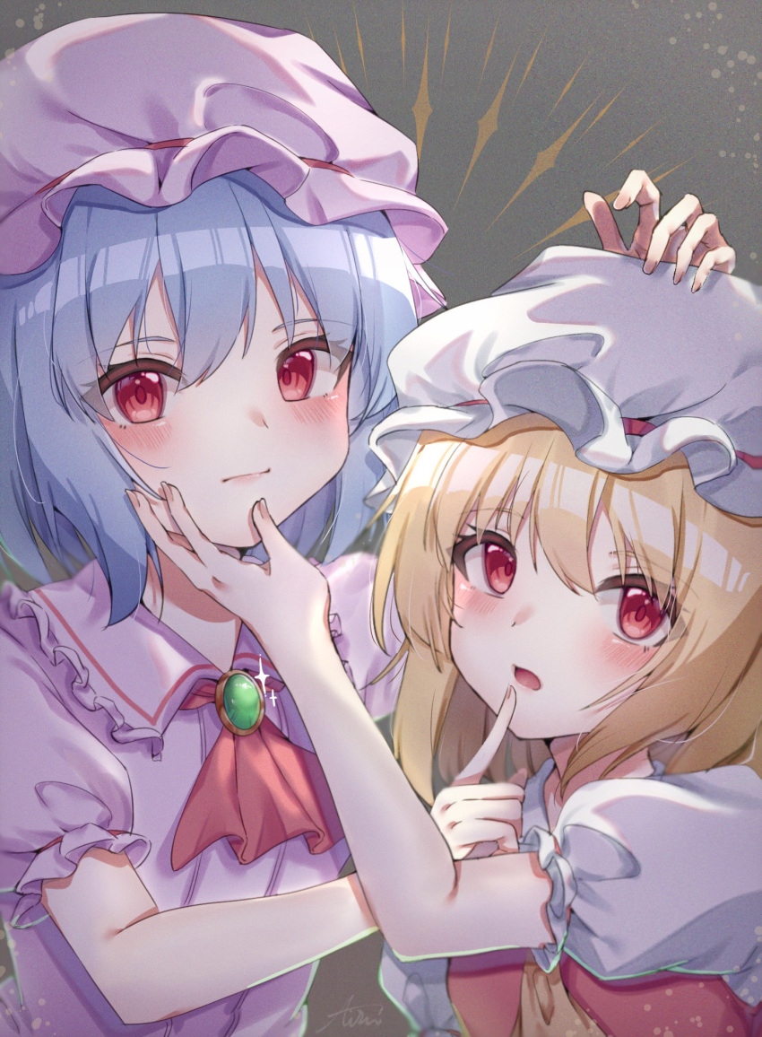 2girls ascot blonde_hair blue_hair blush brooch flandre_scarlet hand_on_another's_face hat highres ice_cream_(aisu_aisu_9898) jewelry mob_cap multiple_girls puffy_sleeves red_ascot red_eyes remilia_scarlet short_sleeves siblings sisters touhou upper_body