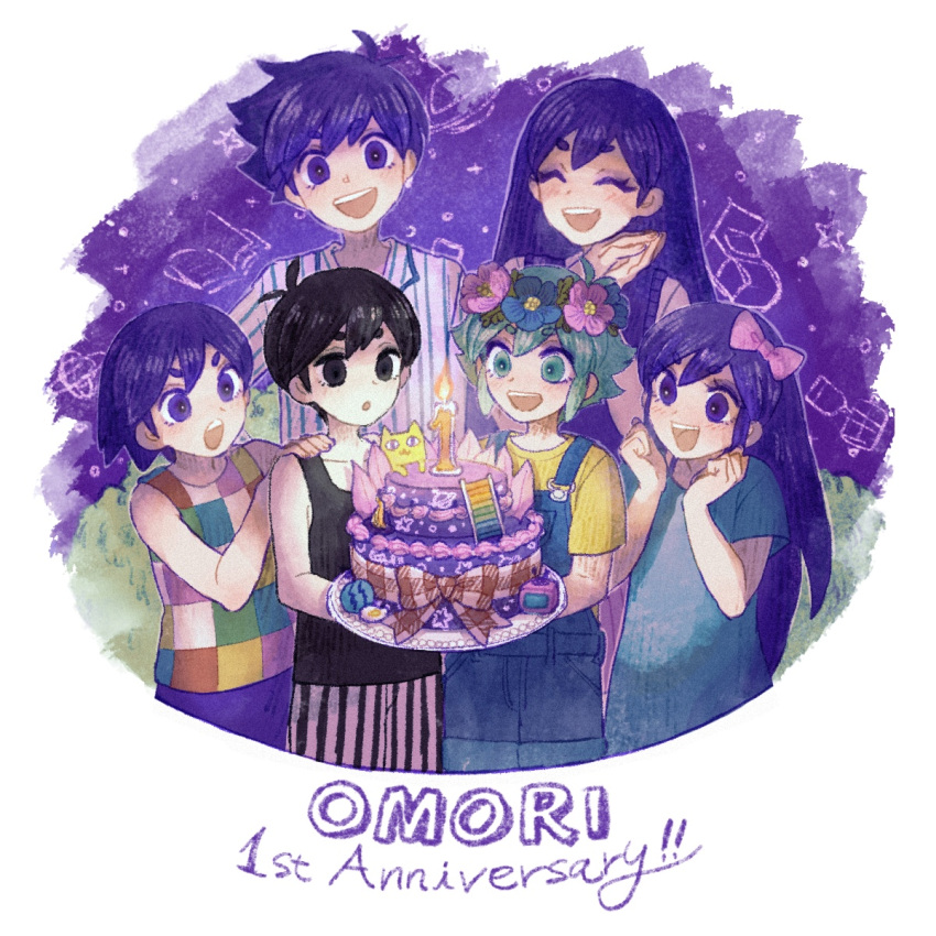 2girls 4boys anniversary aubrey_(omori) basil_(omori) big_yellow_cat_(omori) black_eyes black_hair blush bow cake candle closed_eyes collarbone copyright_name food fruit hair_bow hero_(omori) highres holding holding_plate kel_(omori) long_hair looking_at_viewer mari_(omori) multiple_boys multiple_girls nagakun_omo omori omori_(omori) open_mouth overall_shorts overalls pajamas pink_bow plate purple_hair shirt short_hair short_sleeves teeth upper_teeth violet_eyes watermelon yellow_shirt