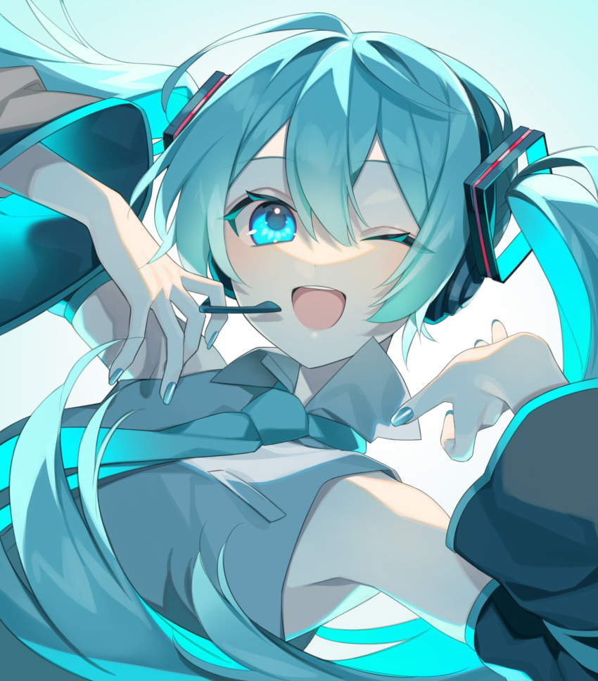 1girl :d aqua_background aqua_eyes aqua_hair aqua_nails aqua_necktie bangs black_sleeves collared_shirt commentary detached_sleeves gradient gradient_background grey_shirt hair_between_eyes hair_ornament hands_up hatsune_miku headset highres long_hair looking_at_viewer necktie one_eye_closed open_mouth shirt simple_background smile solo teeth twintails upper_body upper_teeth vocaloid white_background yachishi_orca