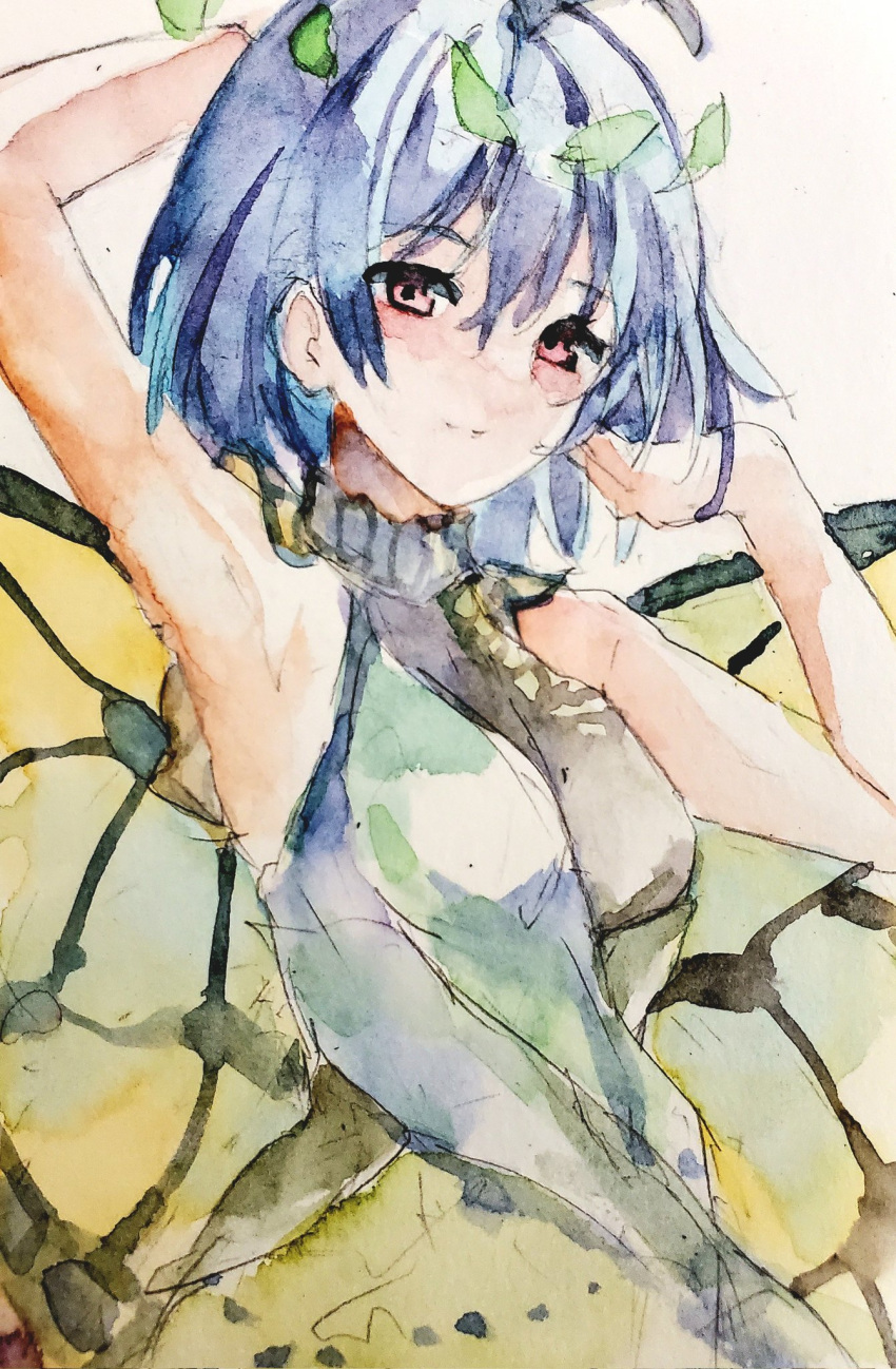 1girl antennae aqua_hair brown_eyes butterfly_wings closed_mouth dress eternity_larva fairy green_dress hair_between_eyes highres kamu_kotan leaf leaf_on_head multicolored_clothes multicolored_dress one-hour_drawing_challenge short_hair short_sleeves smile solo touhou traditional_media upper_body wings