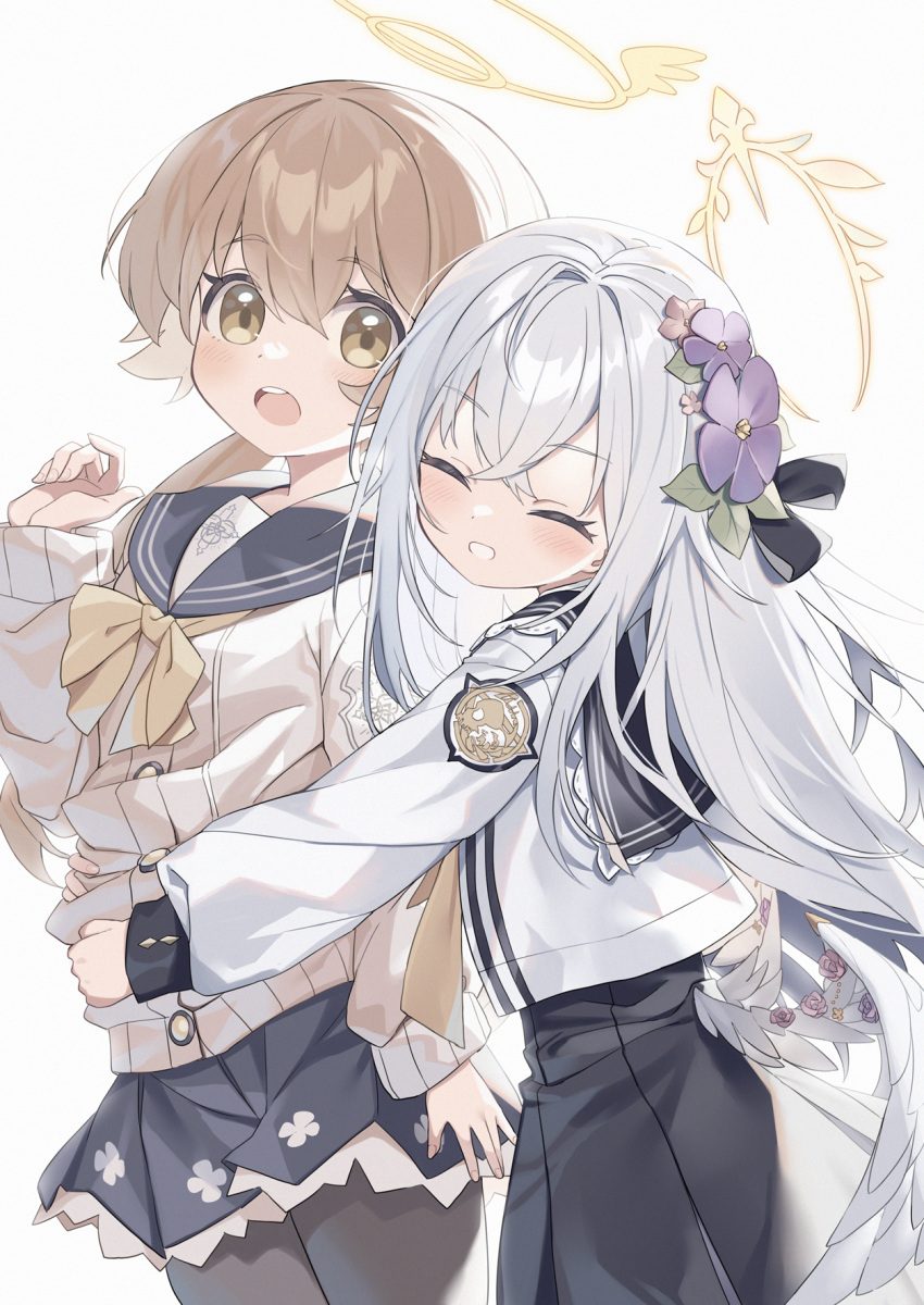 2girls ^_^ azusa_(blue_archive) bangs black_bow black_pantyhose black_sailor_collar black_skirt blue_archive blush bow brown_hair closed_eyes commentary_request feathered_wings flower grey_hair hair_between_eyes hair_bow hair_flower hair_ornament halo hifumi_(blue_archive) highres hug hug_from_behind long_hair long_sleeves low_twintails low_wings multiple_girls open_mouth pantyhose pleated_skirt puffy_long_sleeves puffy_sleeves purple_flower romaji_commentary sailor_collar school_uniform serafuku shirt simple_background skirt sleeves_past_wrists teeth twintails upper_teeth very_long_hair wagashi928 white_background white_shirt white_wings wings yellow_bow