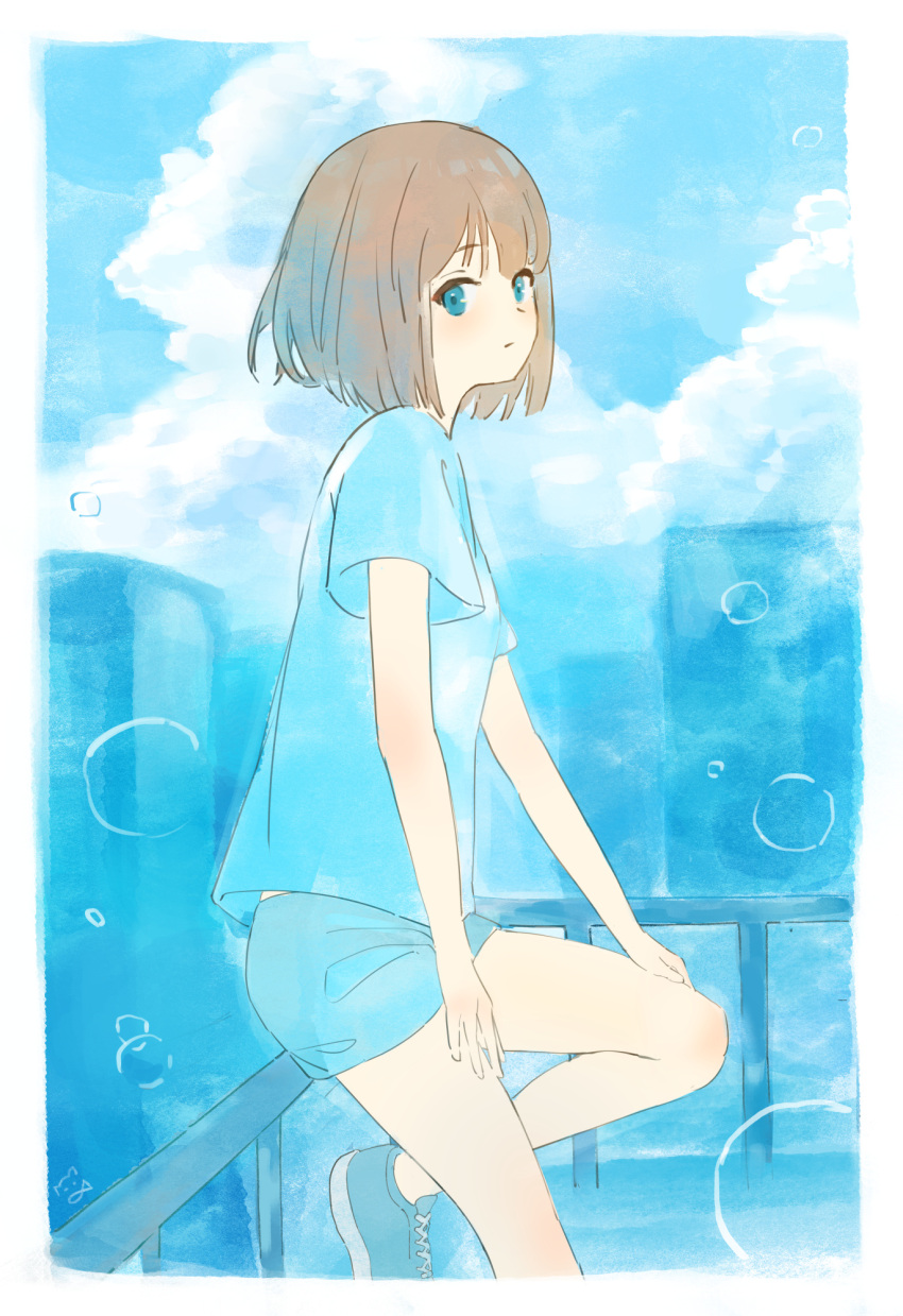 1girl aqua_eyes aqua_footwear aqua_shirt aqua_shorts bangs border brown_hair closed_mouth clouds commentary_request cumulonimbus_cloud fishofthelakes highres looking_at_viewer original railing shirt shoes short_hair short_sleeves shorts sneakers solo summer white_border